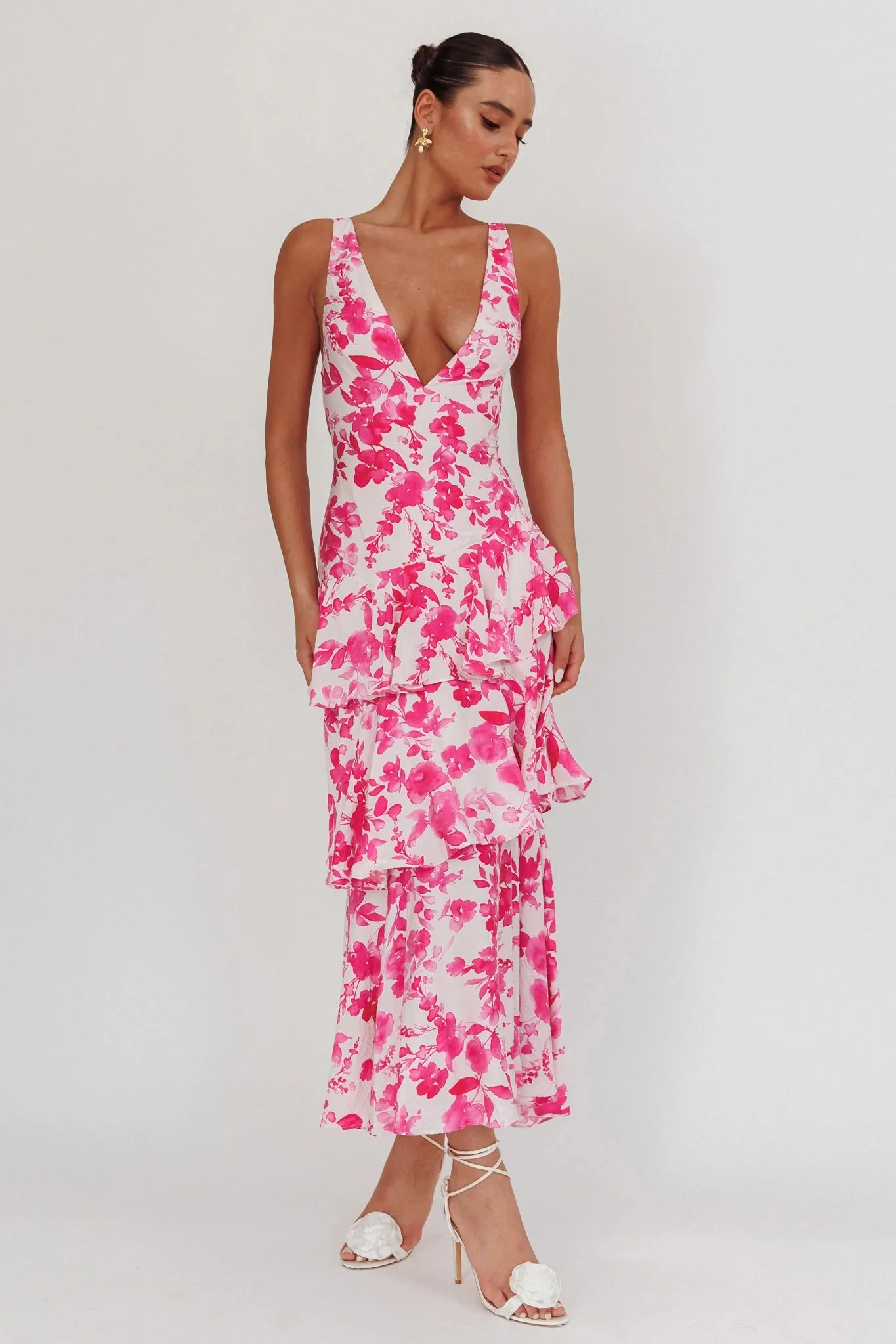 Veda Strappy Back Ruffle Maxi Dress Floral Fuchsia