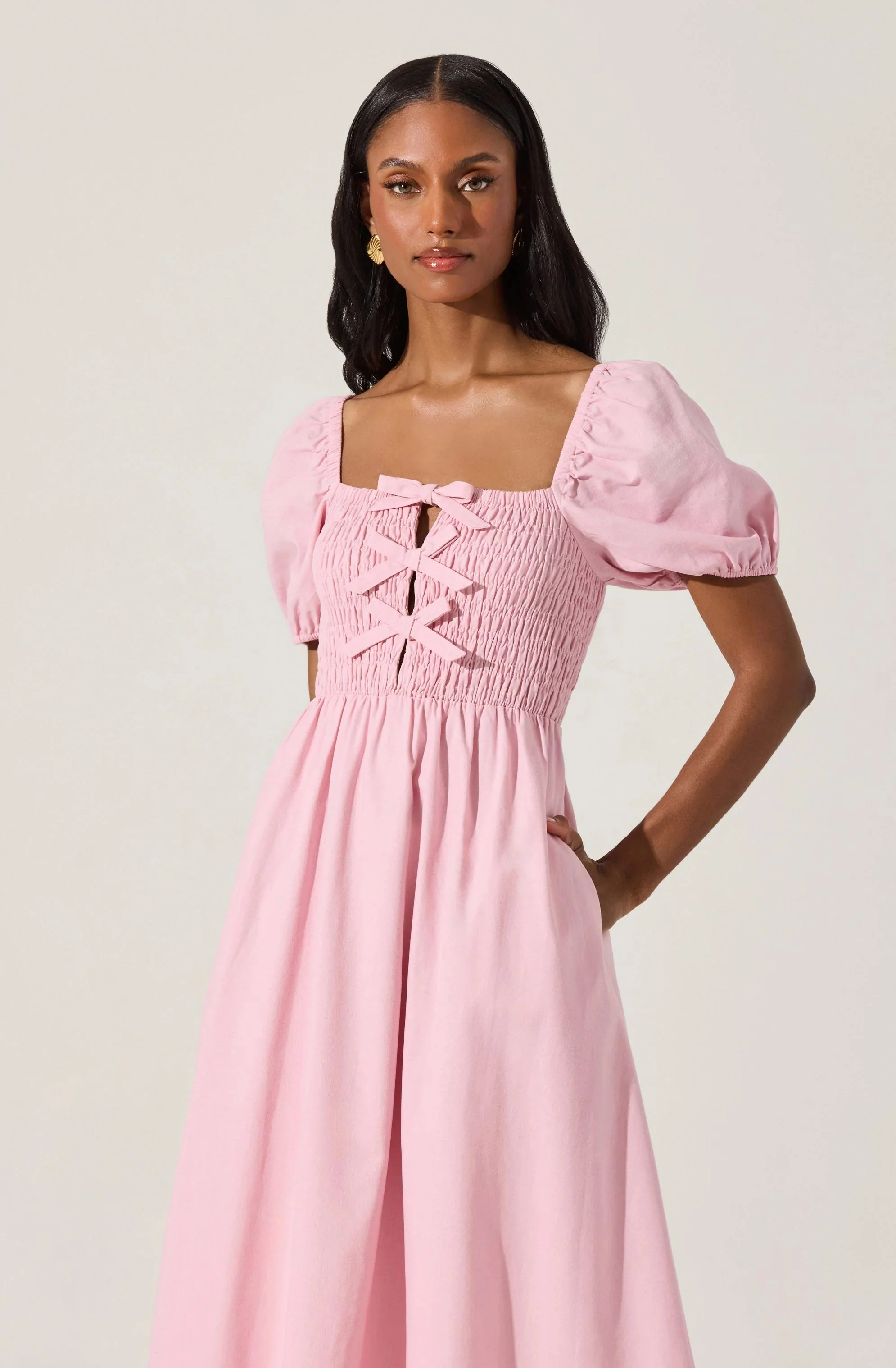 Smocked Bow Midi Dress