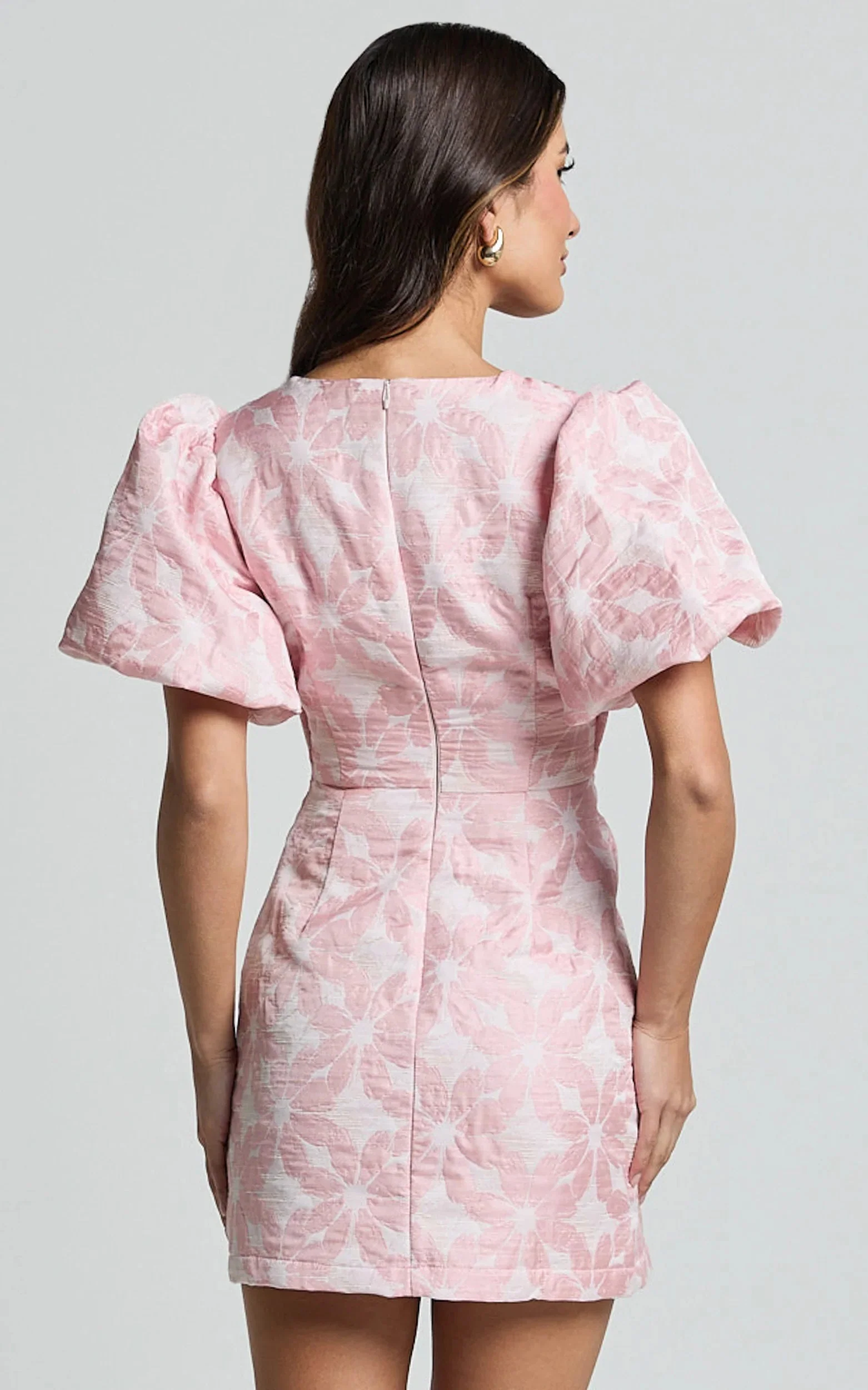 Diana Mini Dress Jacquard Short Sleeve Cut Out Dress in Light Pink