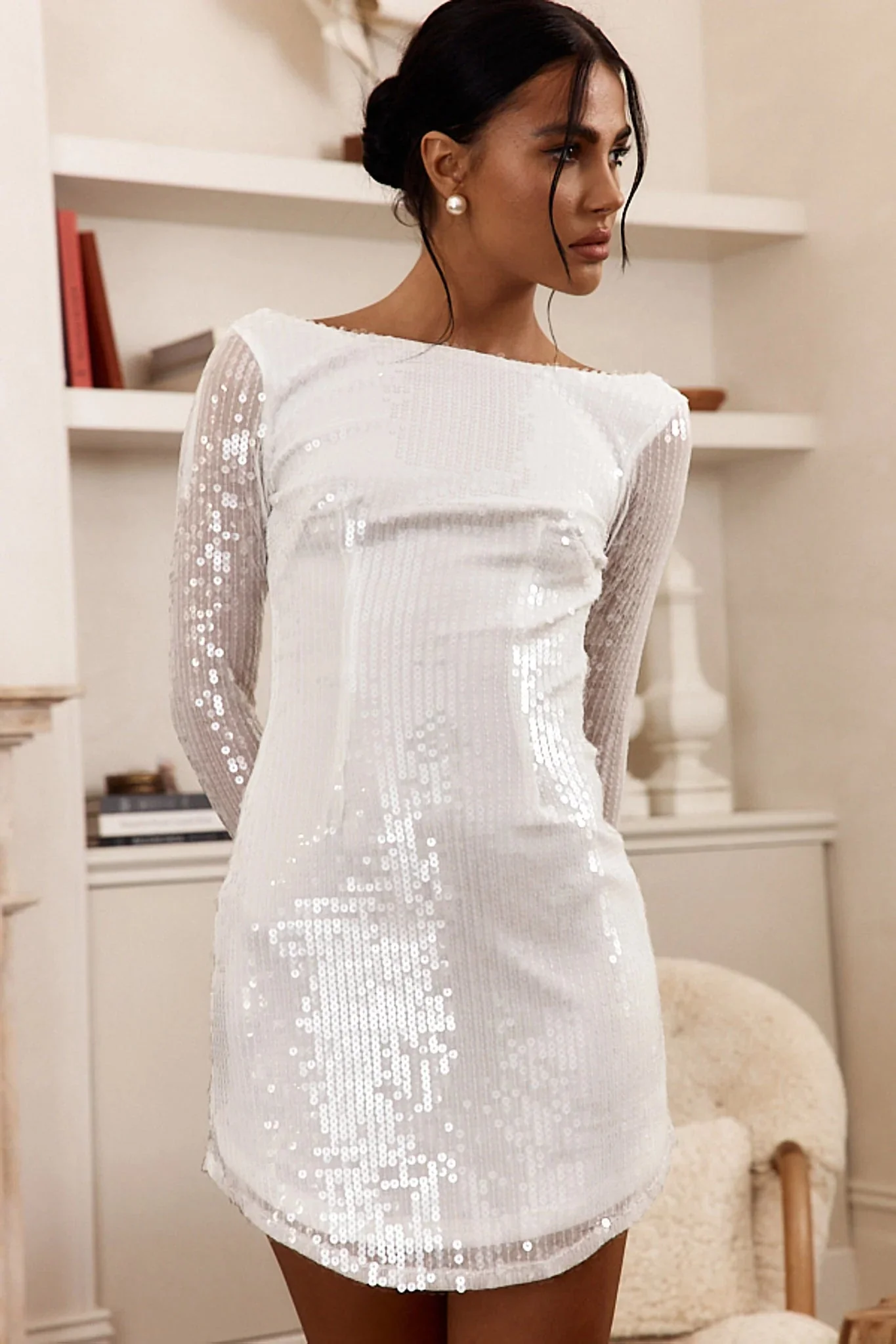 Karma Long Sleeve Keyhole Back Sequin Dress White