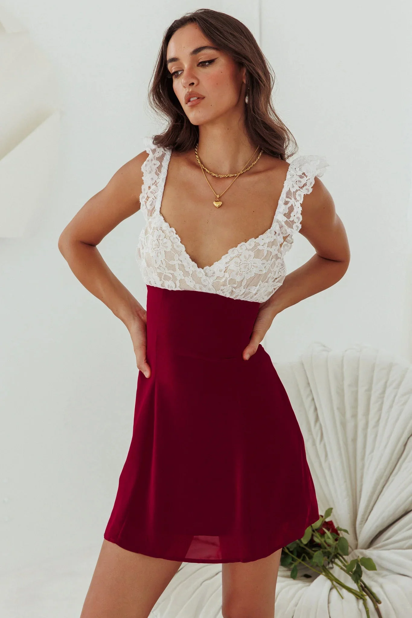 Lakyn Lace Bust Tied Back Mini Dress Wine