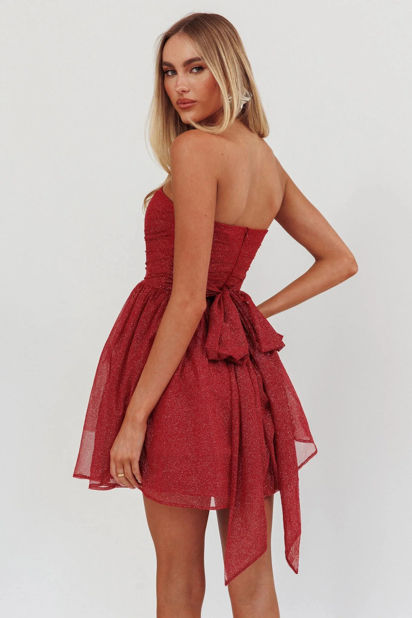 Guilty Pleasure Strapless Glitter Mini Dress Red