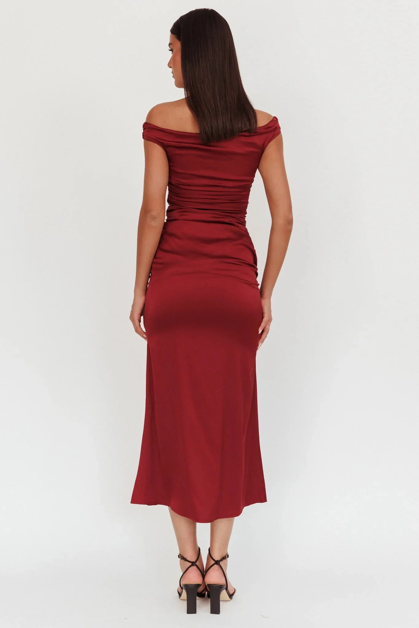 In Blooms Off Shoulder Satin Maxi Dress Wine