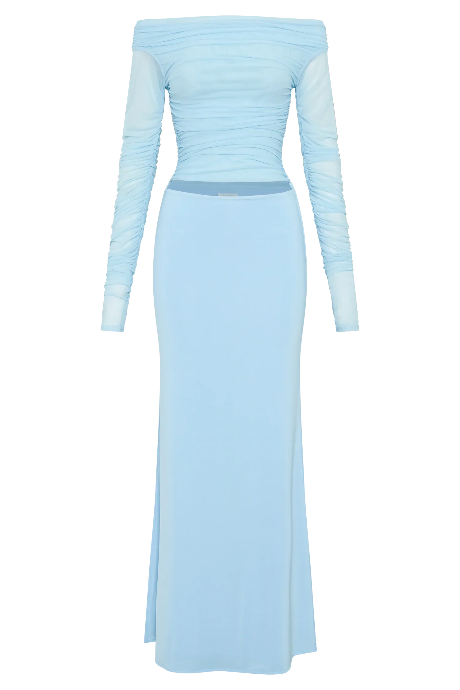 Darla Mesh And Slinky Off Shoulder Maxi Dress - Sky Blue