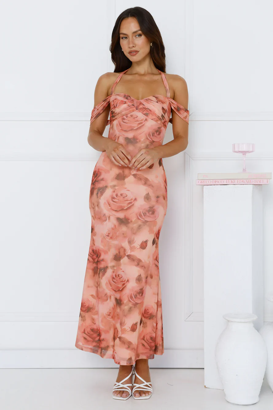 Iconic Girl Halter Mesh Maxi Dress Peach