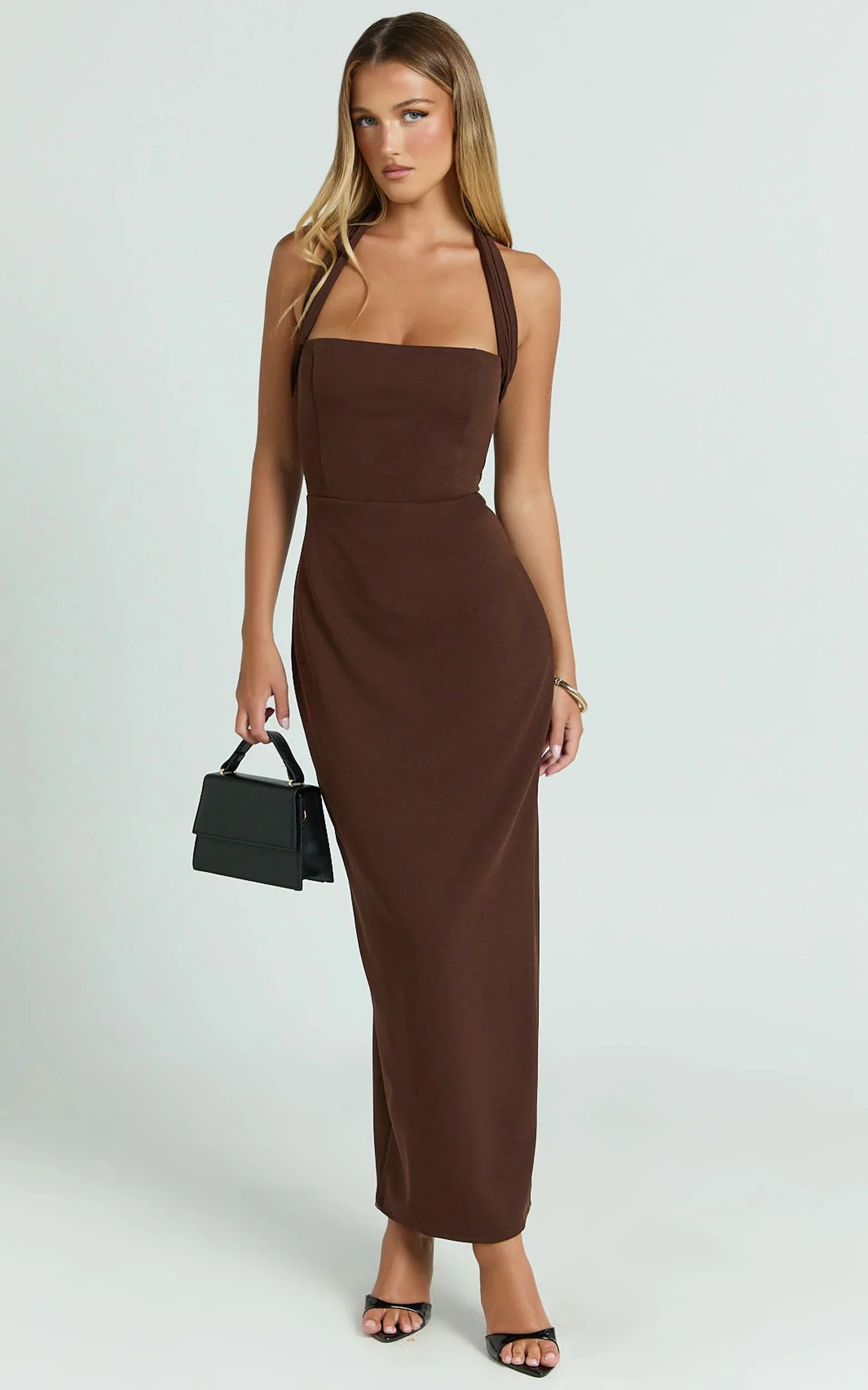 Salome Midi Dress Halter Neck Column Dress in Chocolate