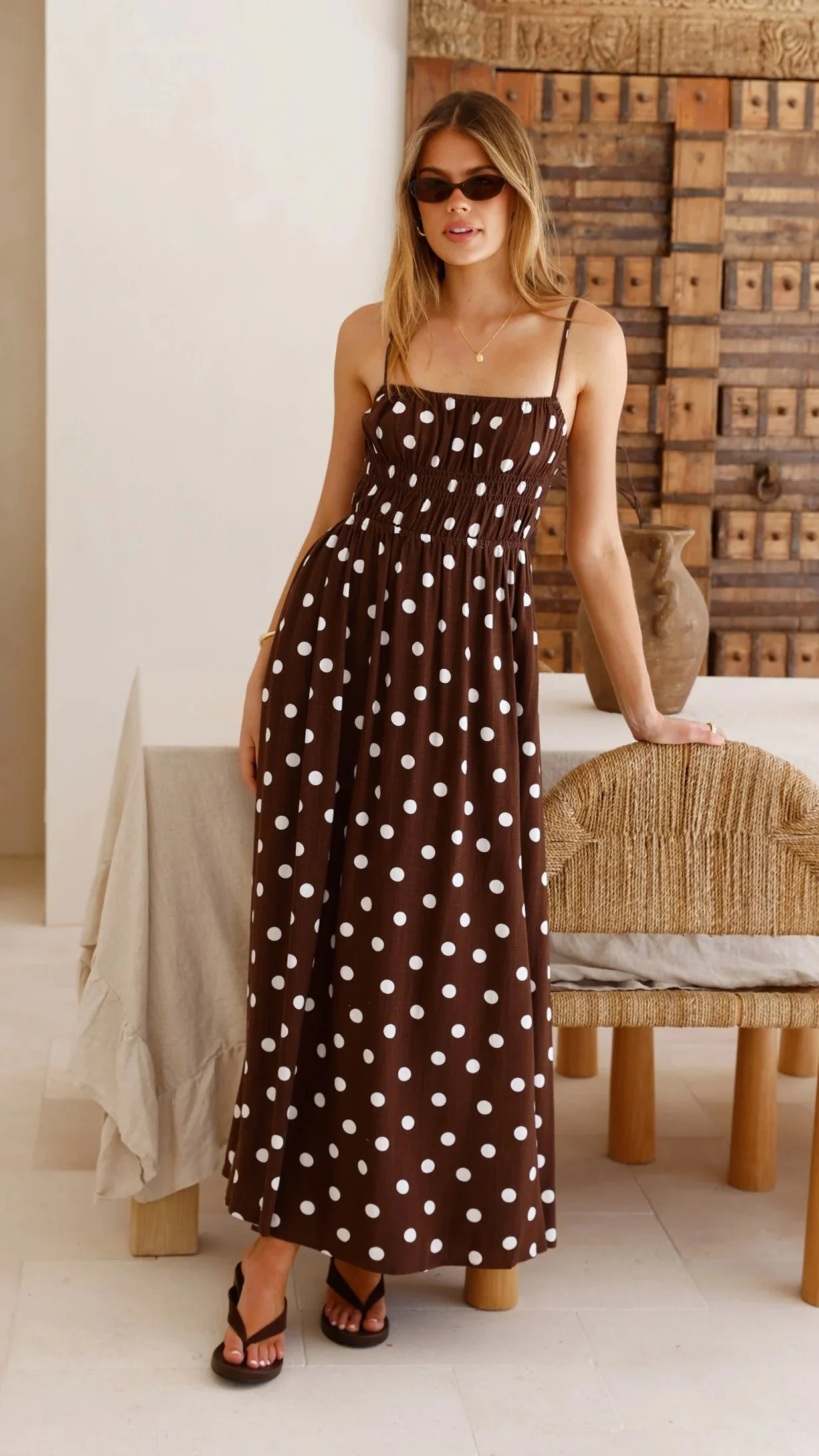 Solare Maxi Dress - Brown/White Polka