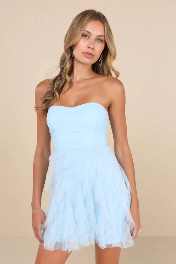 Delightful Beauty Light Blue Mesh Strapless Ruffled Mini Dress