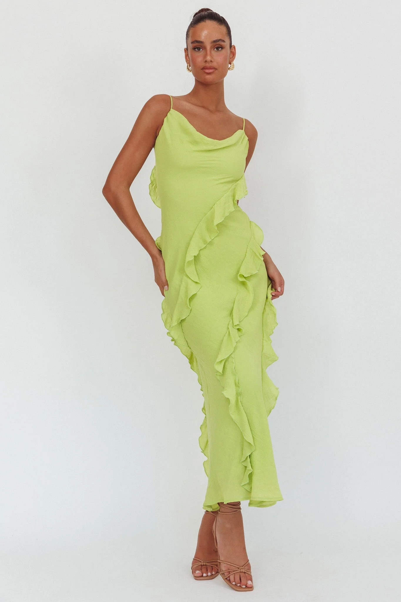 Panama Bay Ruffle Trim Cowl Neck Maxi Dress Sage