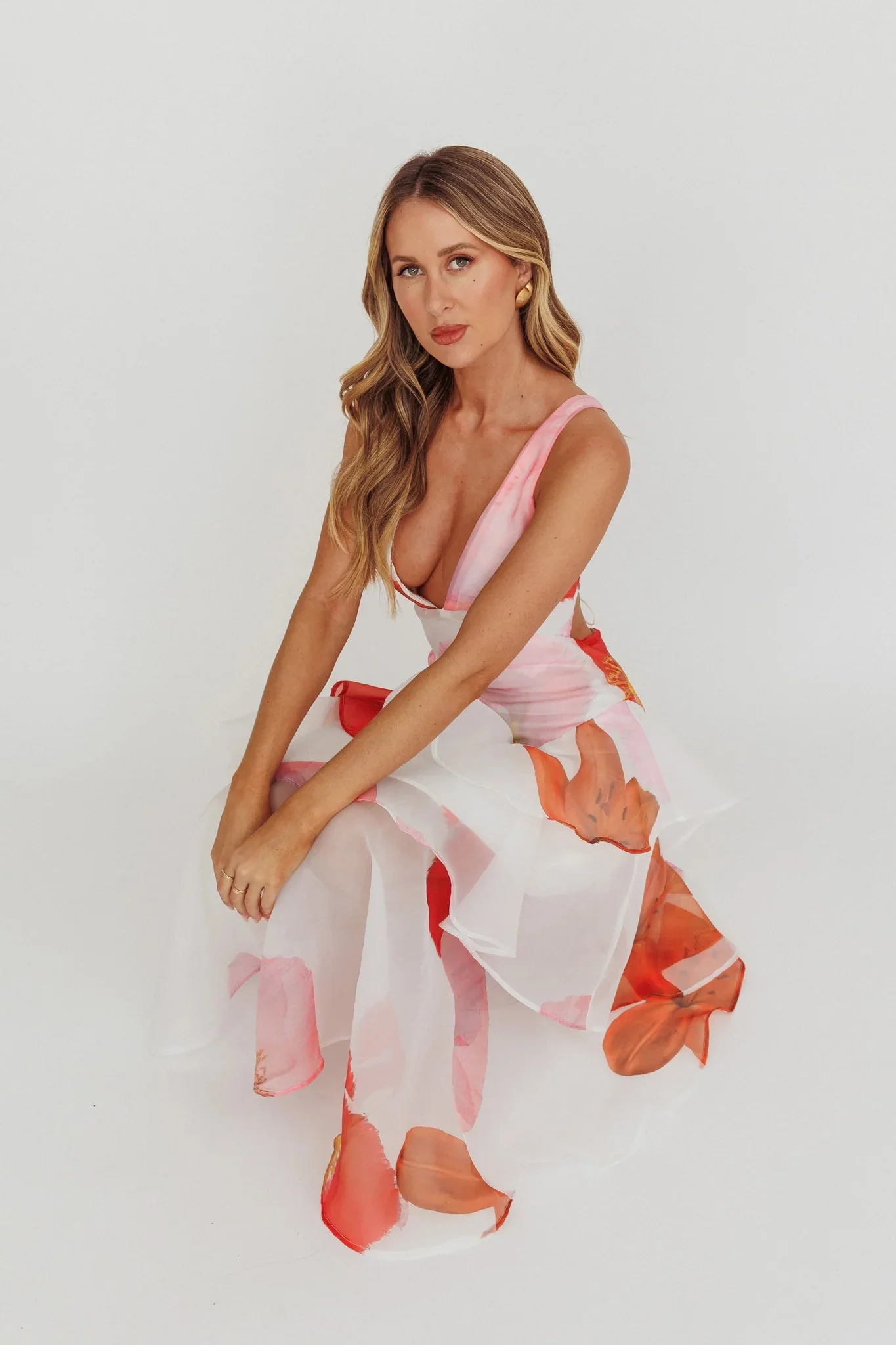 Veda Strappy Back Ruffle Maxi Dress Flowers Pink