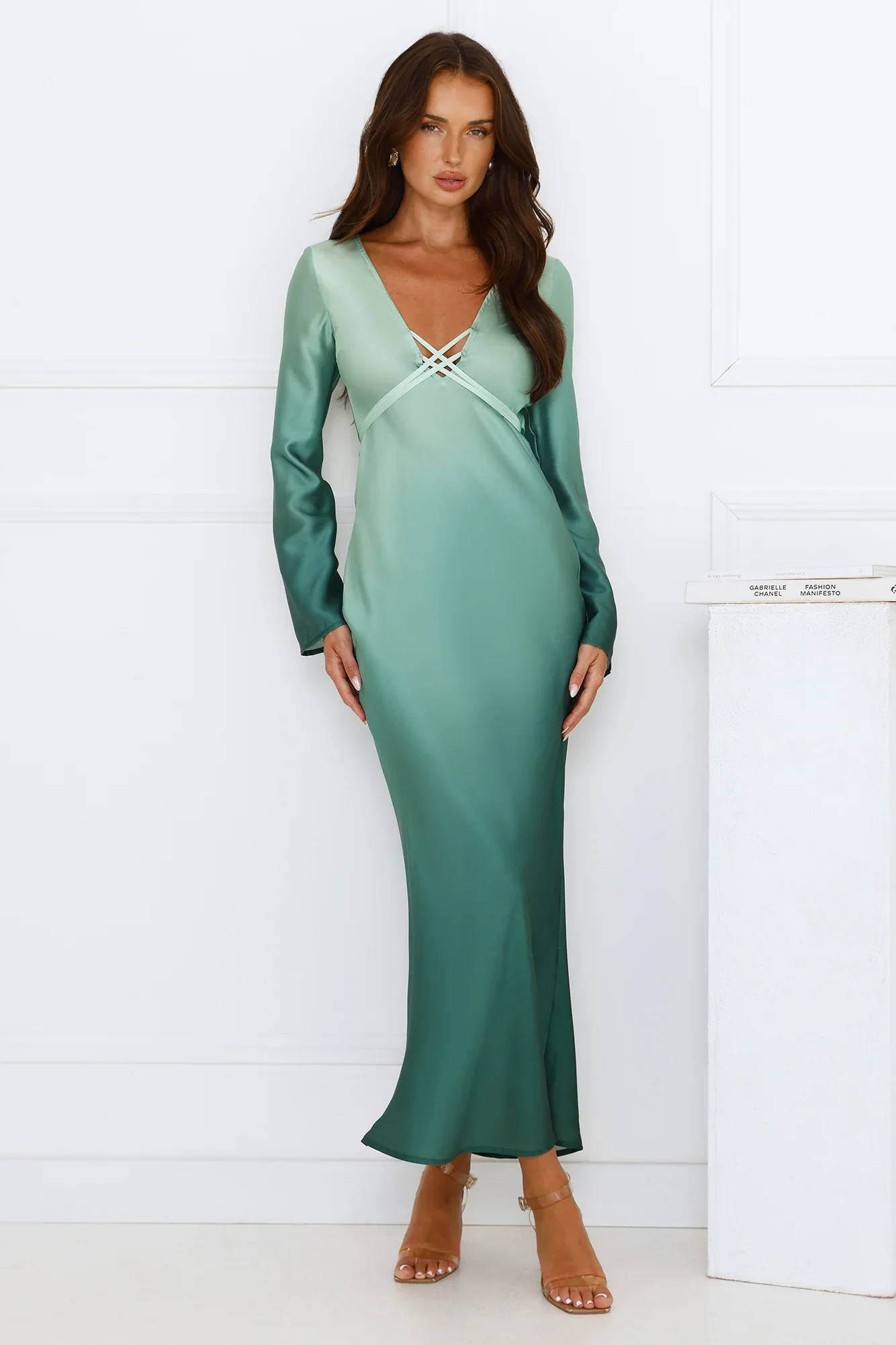 Horizon Hues Satin Long Sleeve Midi Dress Green Ombre