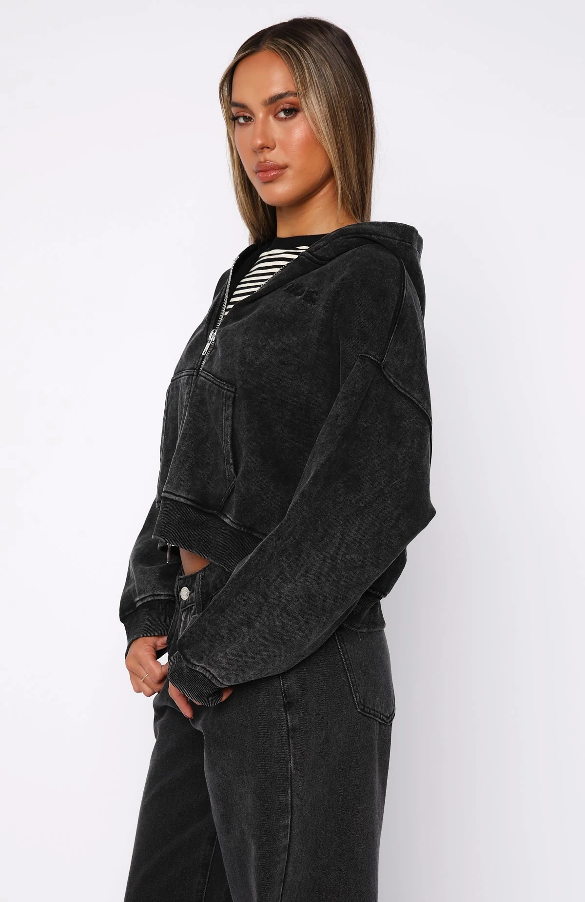 Hard To Remember Zip Front Hoodie Washed Black