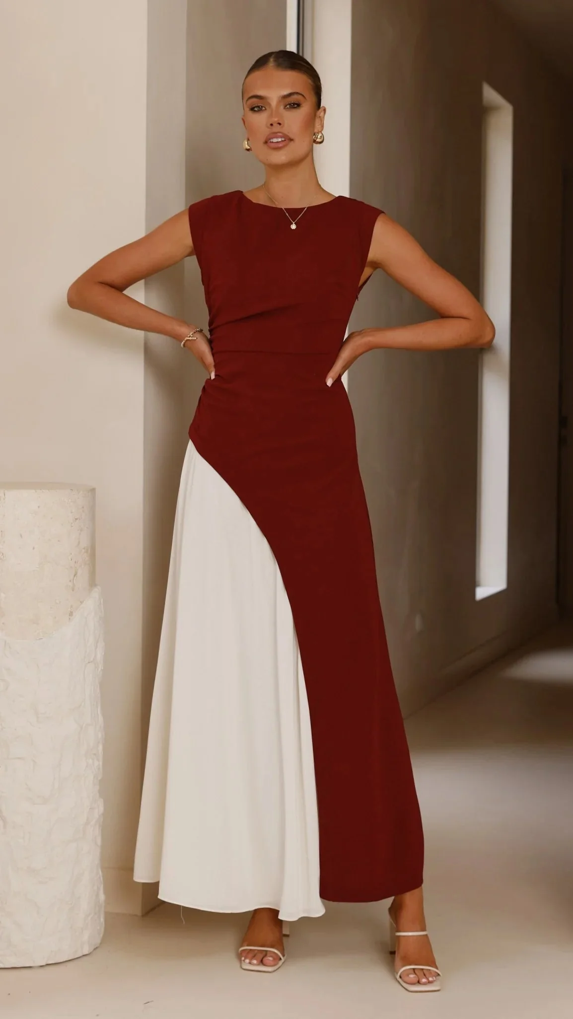 Charlotte Contrast Midi Dress - Wine/White