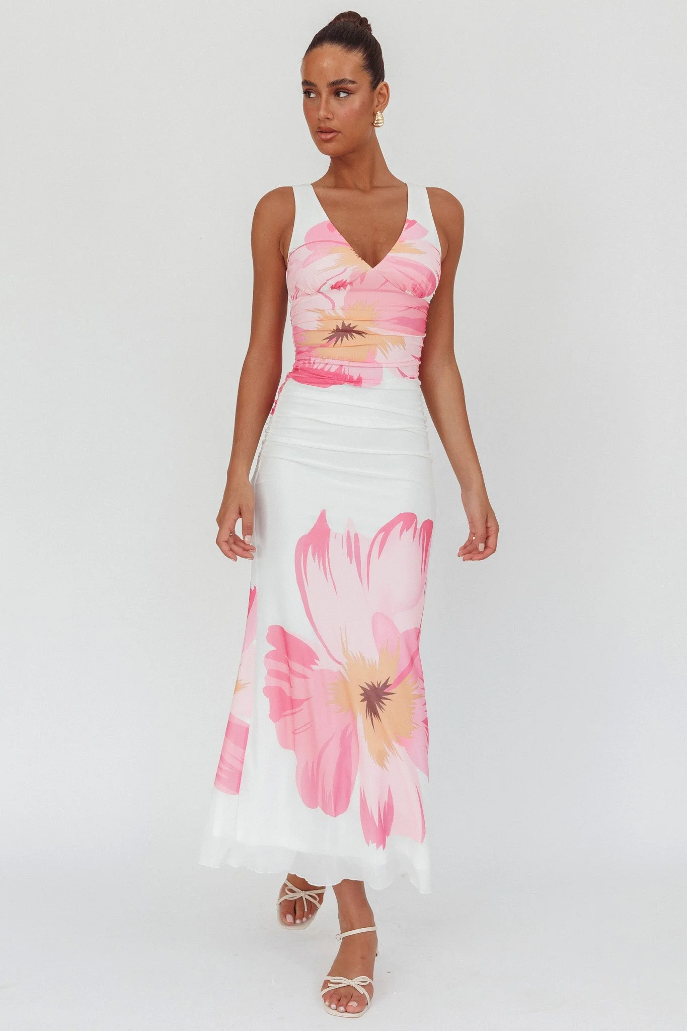 Oliana V-Neck Mesh Maxi Dress Hibiscus White/Pink