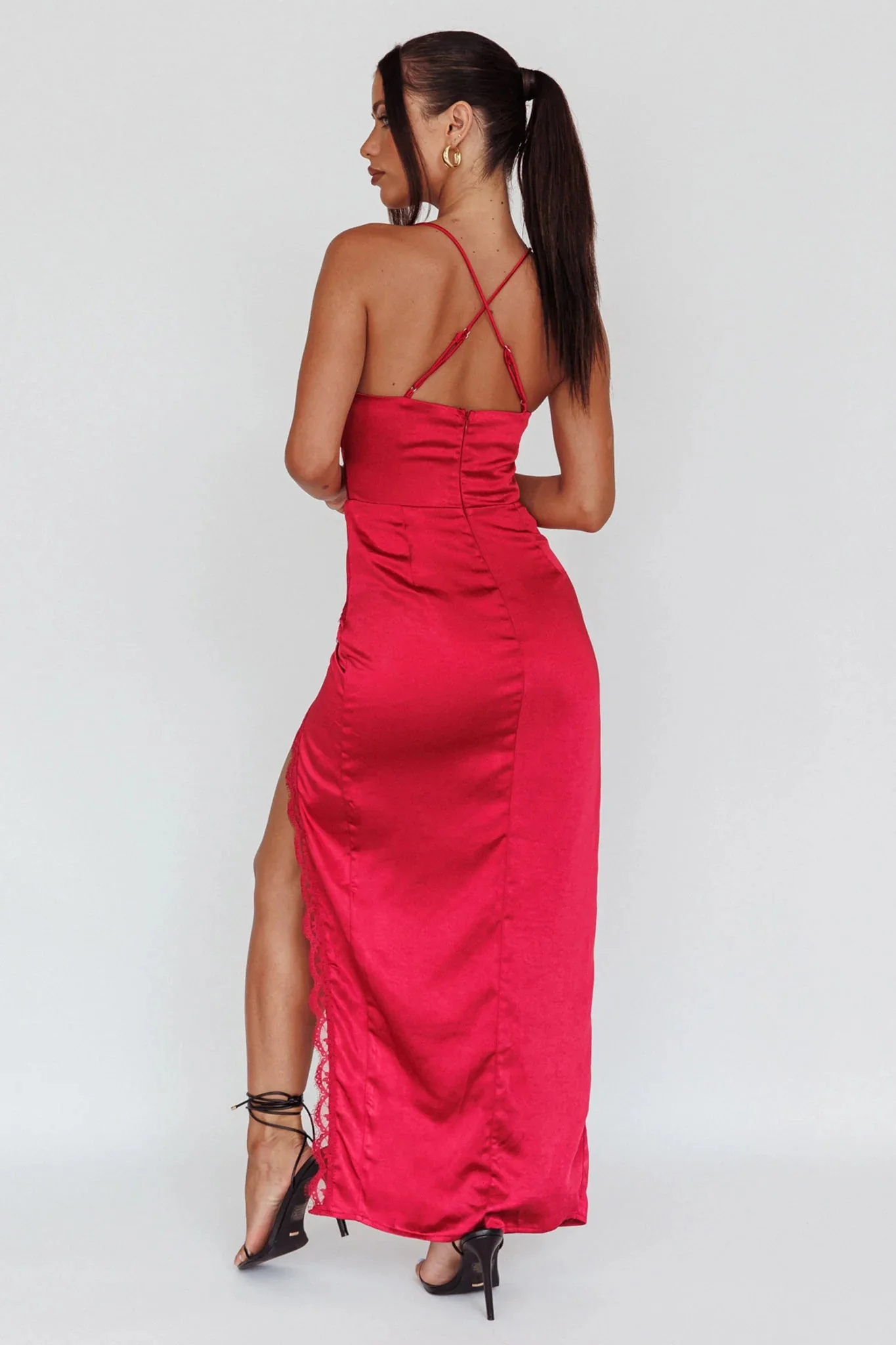 Winter Moon Lace Trim Midi Dress Wine