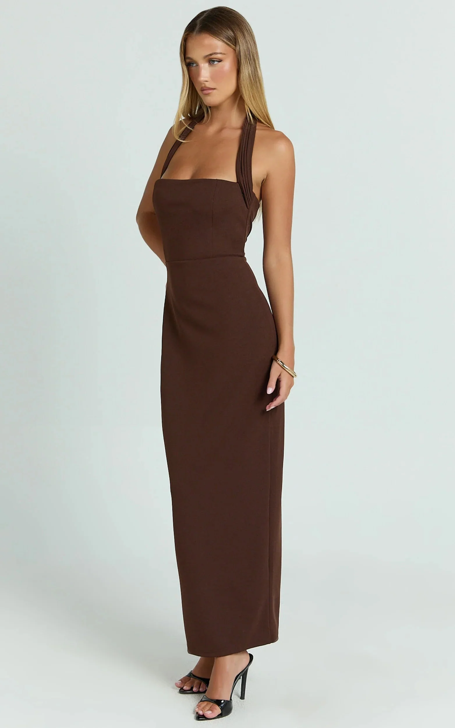 Salome Midi Dress Halter Neck Column Dress in Chocolate
