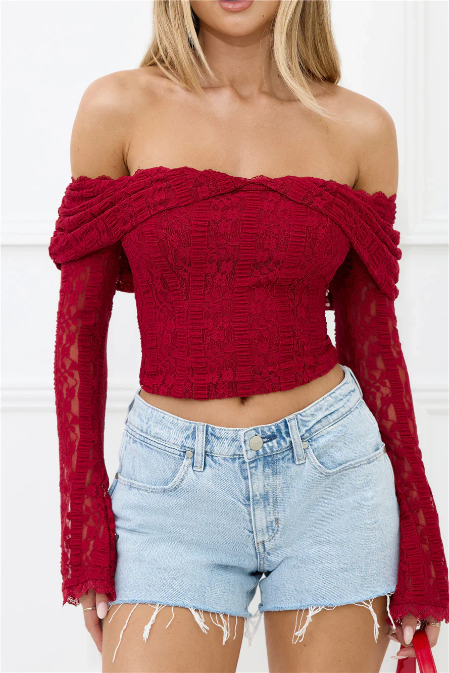 Lace Delight Off Shoulder Top Burgundy