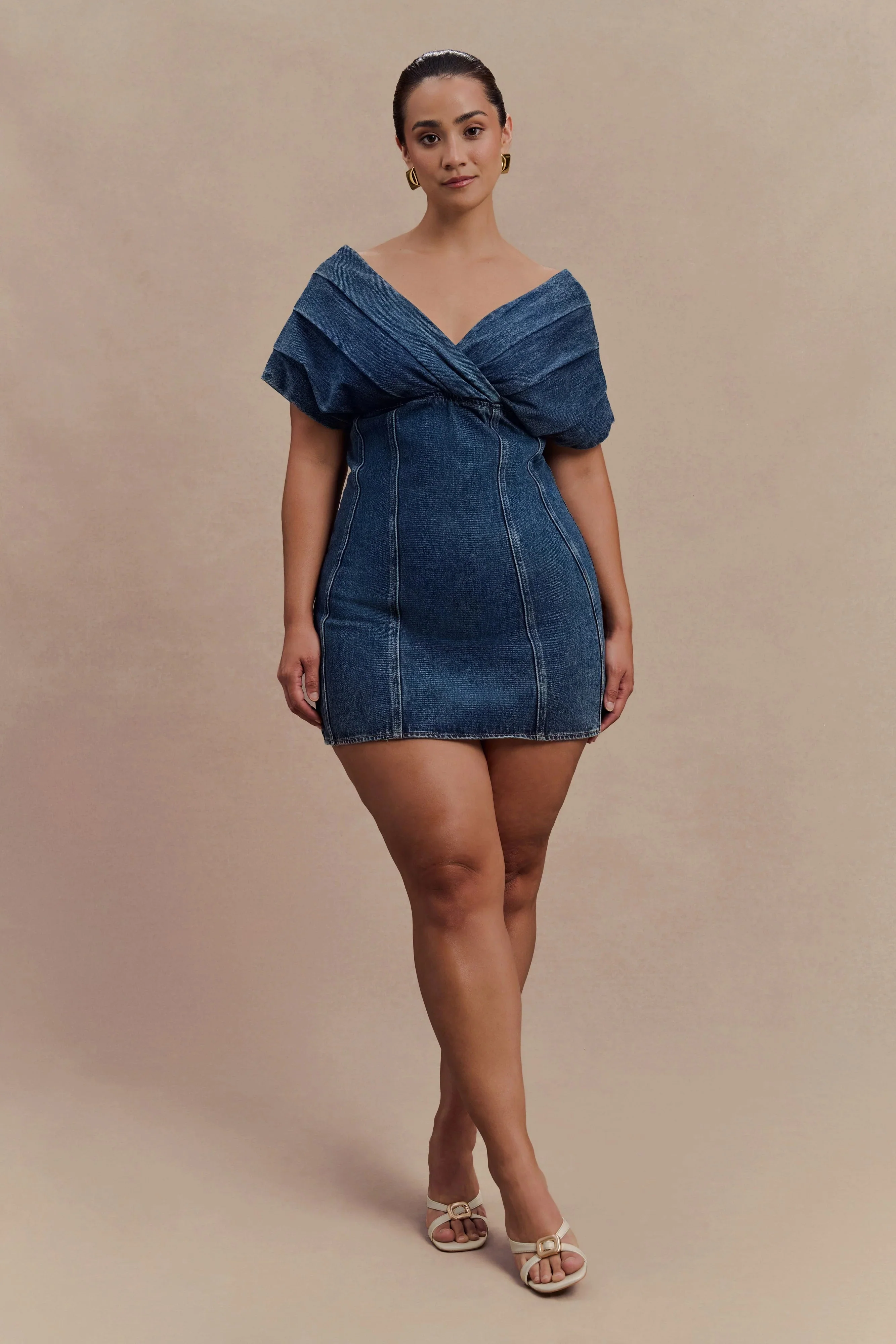 Pascale Off Shoulder Denim Mini Dress - Washed Dark Blue