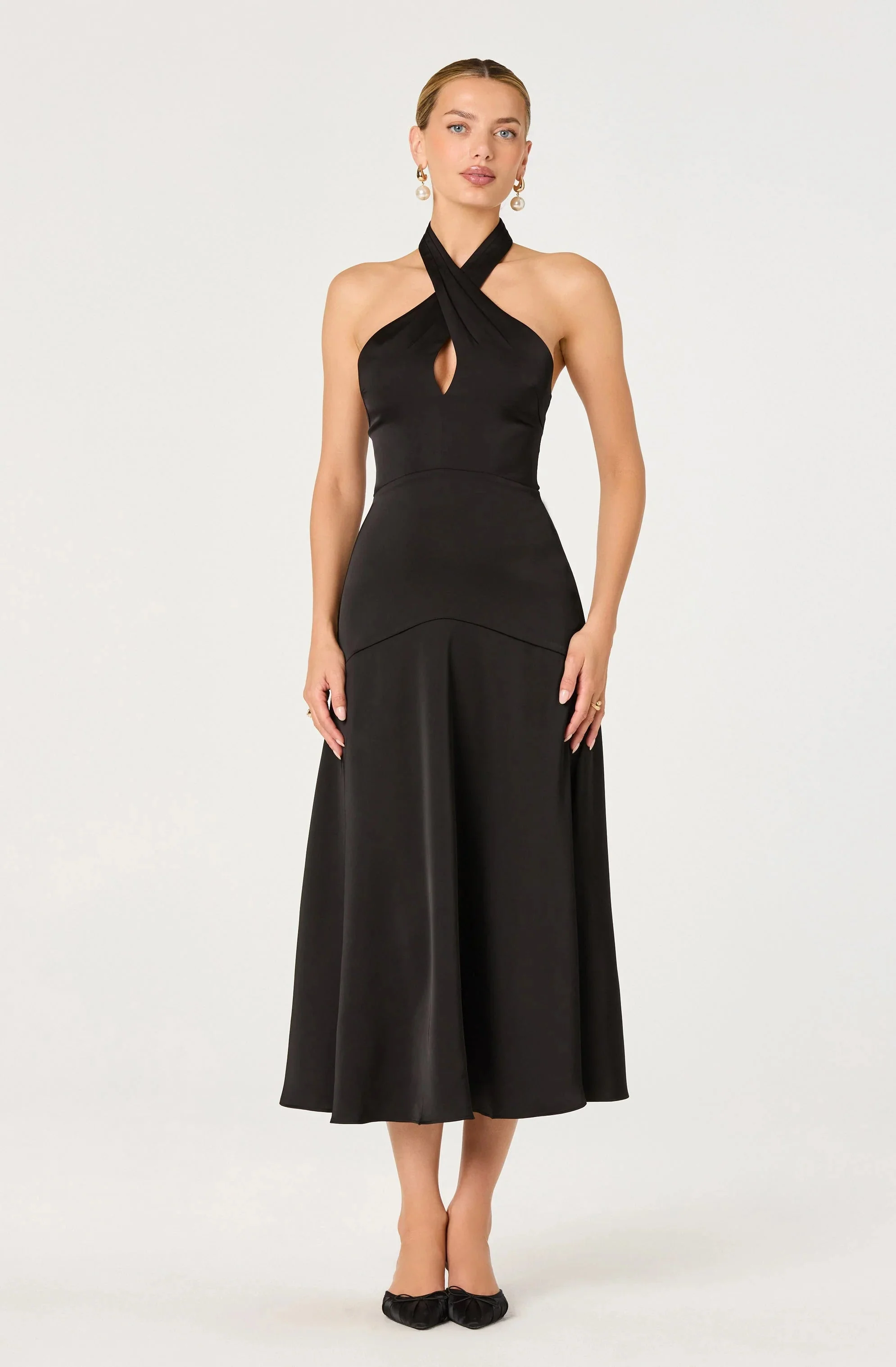 Satin Crossover Halter Midi Dress