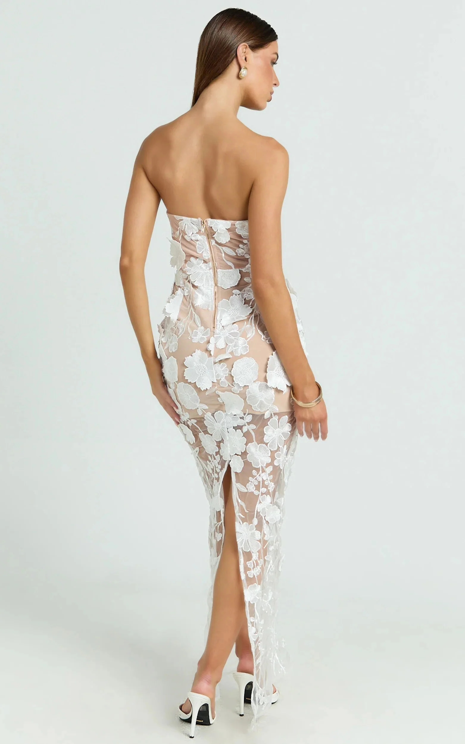 Sienna Maxi Dress 3D Floral Strapless Column Dress in White