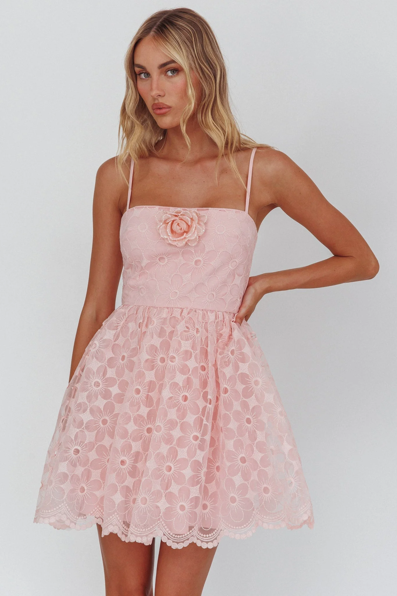 Bahia A-Line Square Neckline Mini Dress Lace Blush