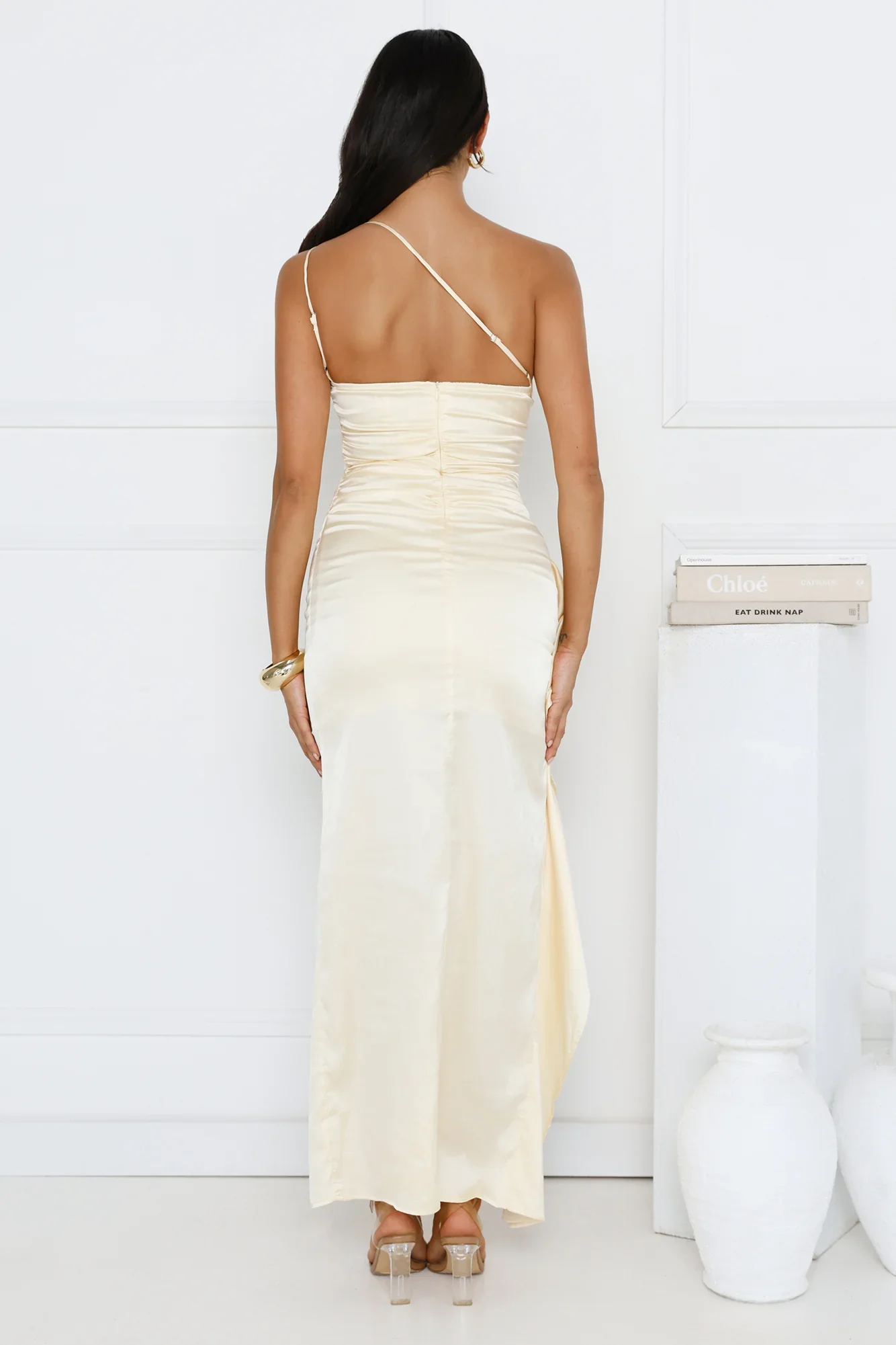 Iconic Impressions One Shoulder Satin Maxi Dress Yellow