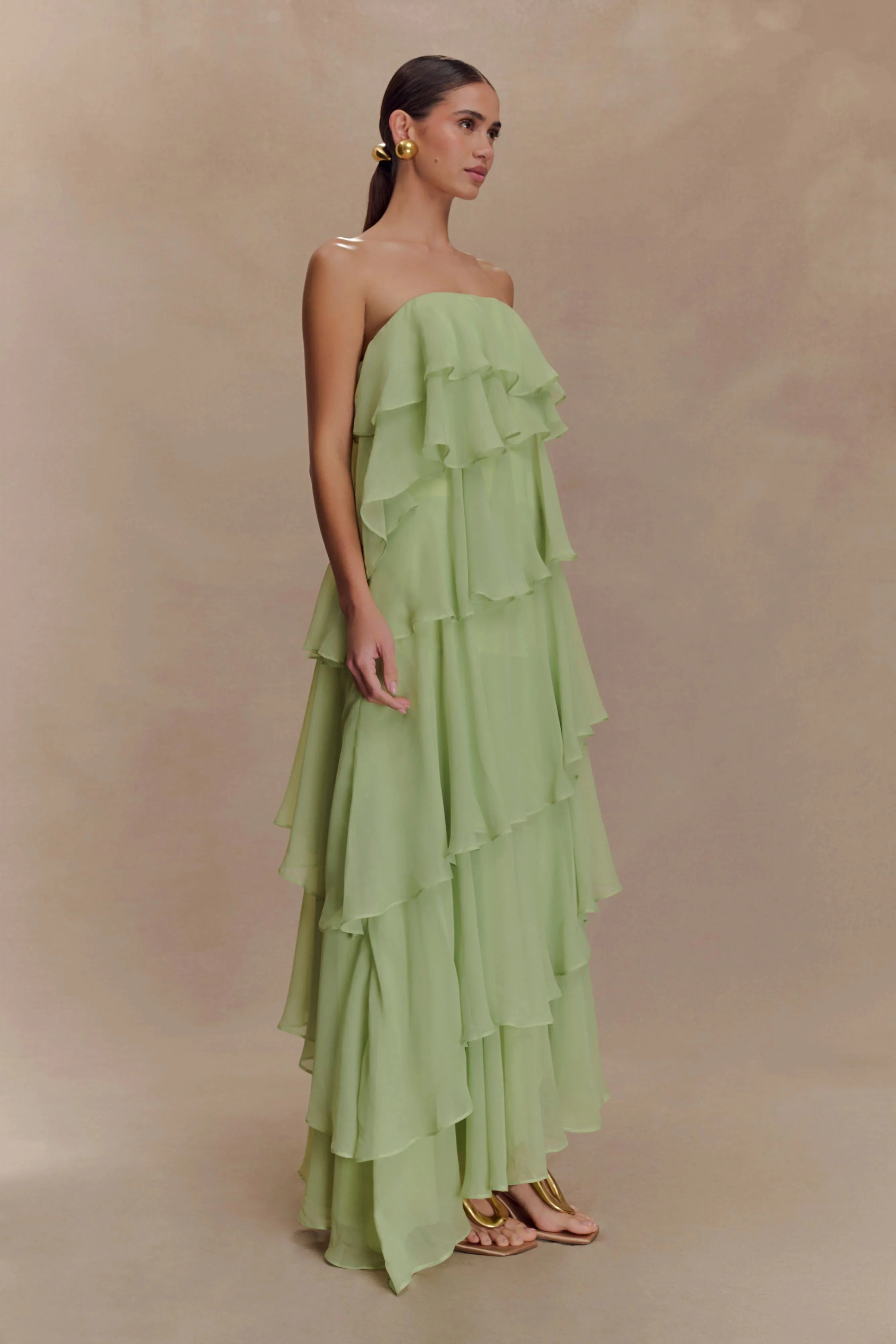 Alexa Ruffle Chiffon Maxi Dress - Pastel Lime