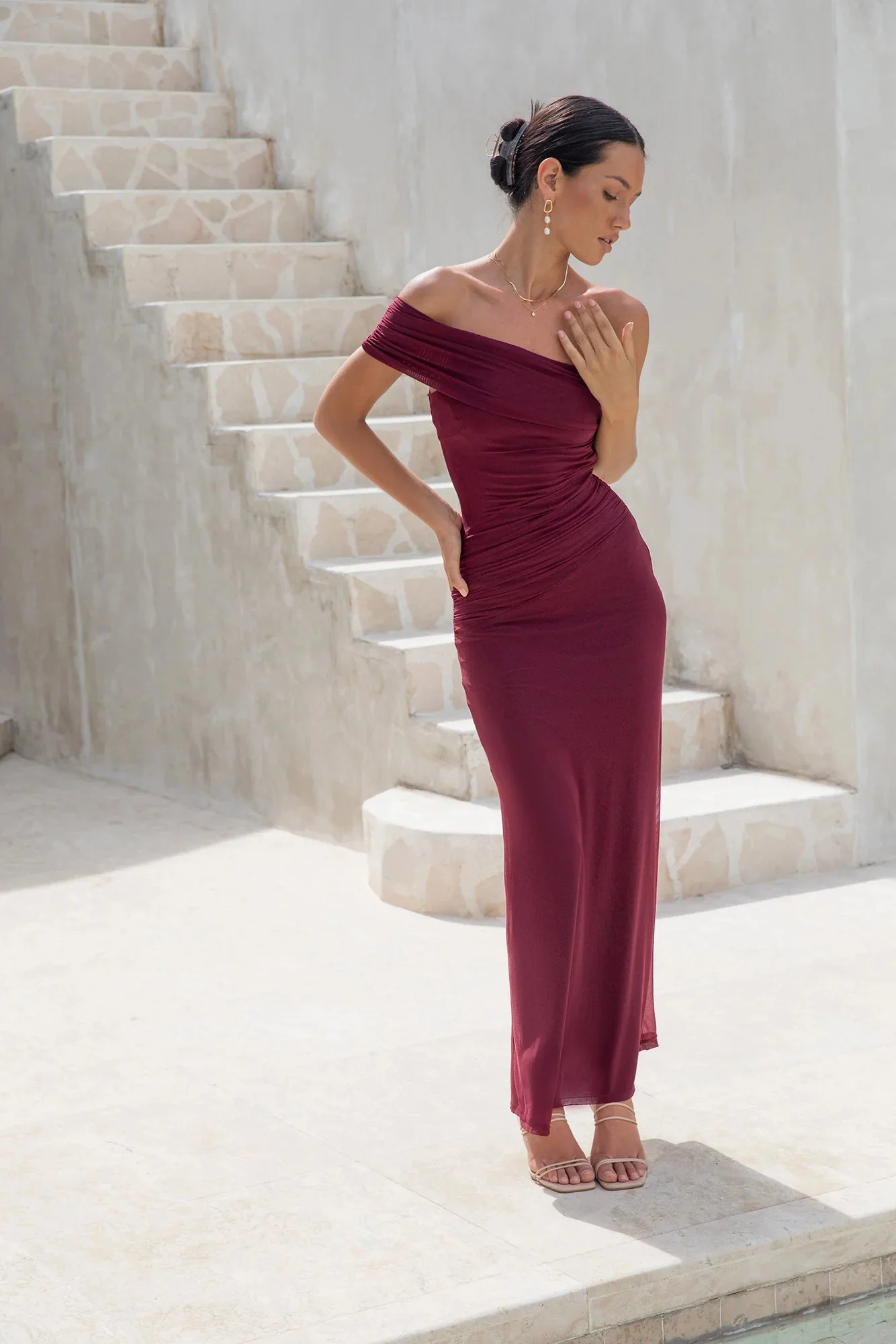 Dahlia One Shoulder Mesh Maxi Dress Maroon