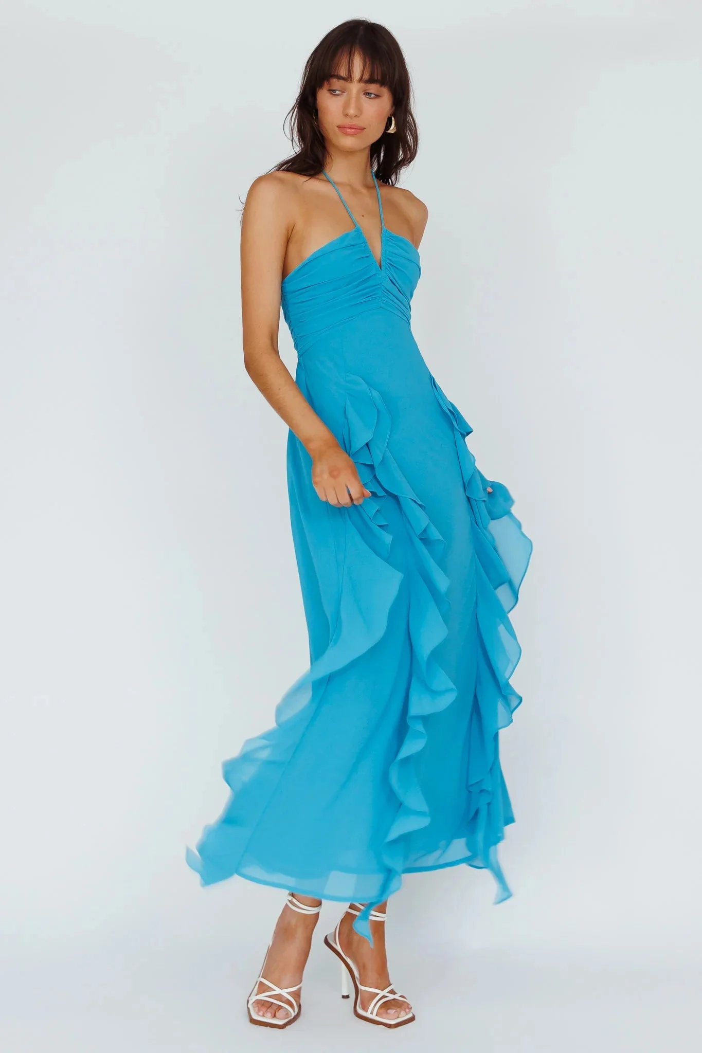 Asiah Ruffle Trim Halterneck Maxi Dress Cerulean Blue