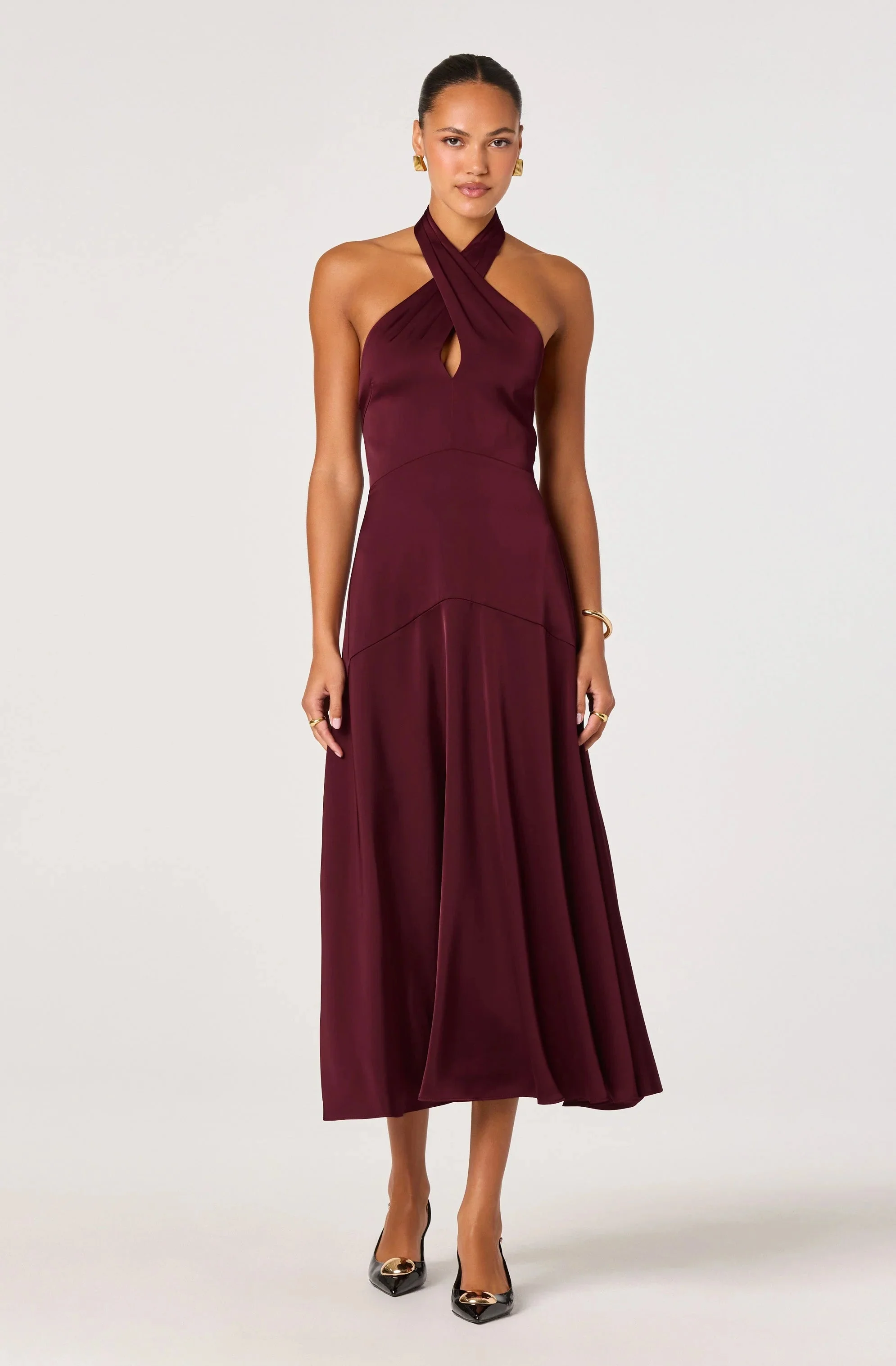Satin Crossover Halter Midi Dress