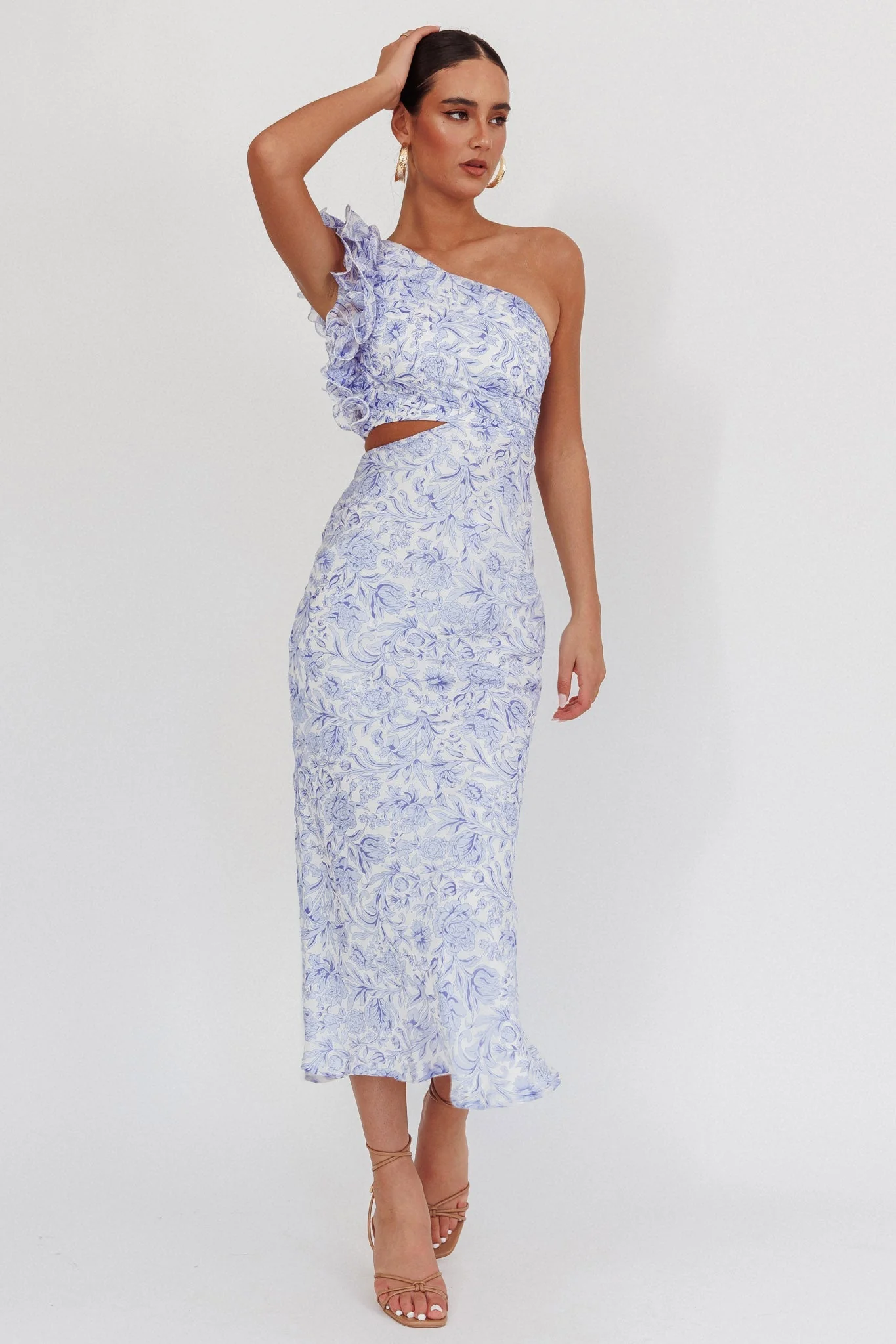 Deanna One-Shoulder Ruffle Midi Dress Floral Blue