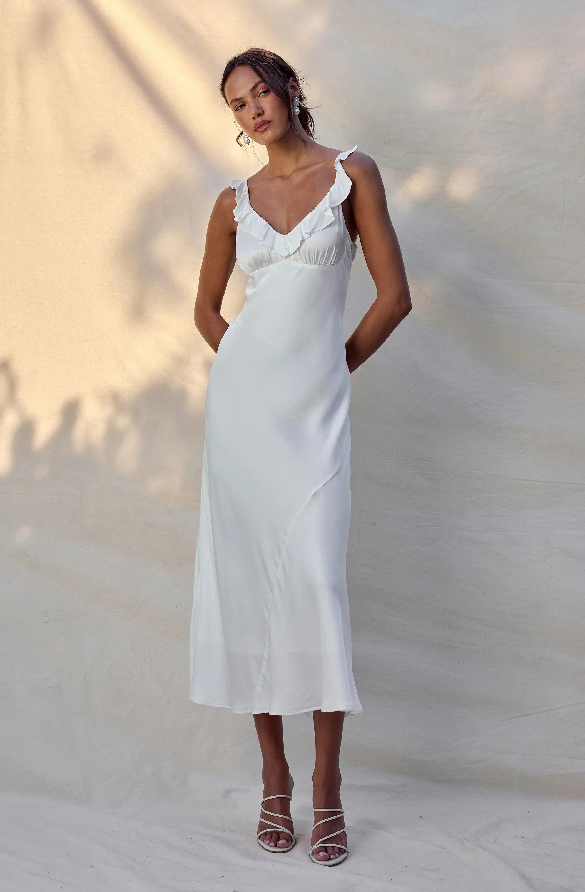 Zoie Satin Ruffle Midi Dress