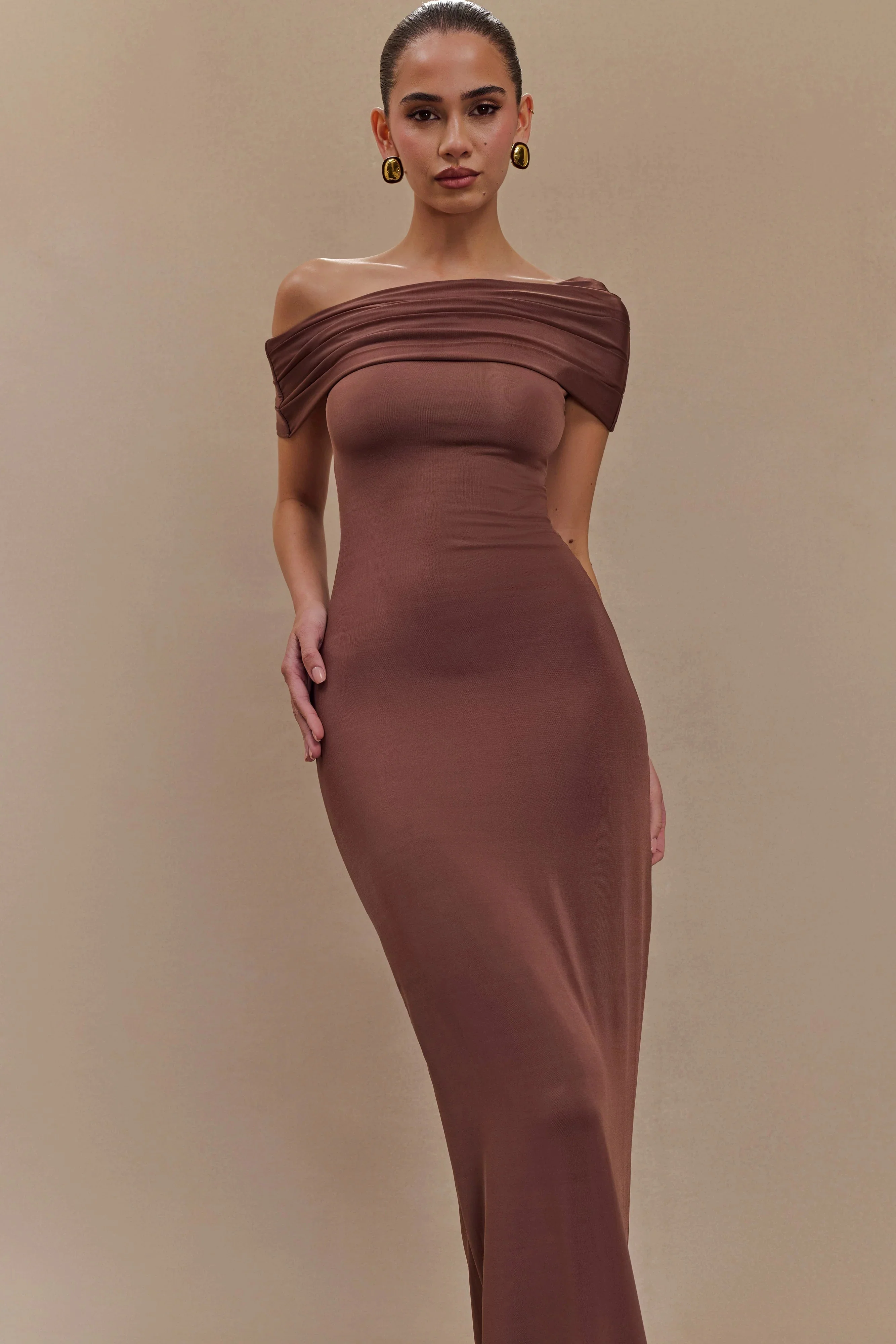 Cassandra Off Shoulder Slinky Maxi Dress - Chocolate