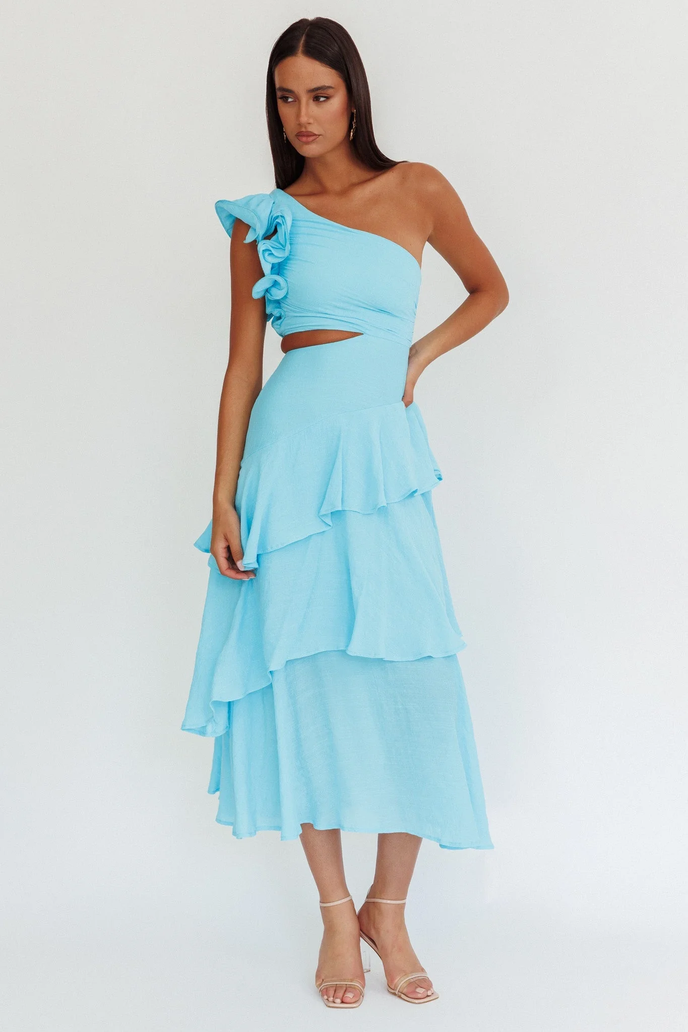 Deanna One-Shoulder Tiered Maxi Dress Blue