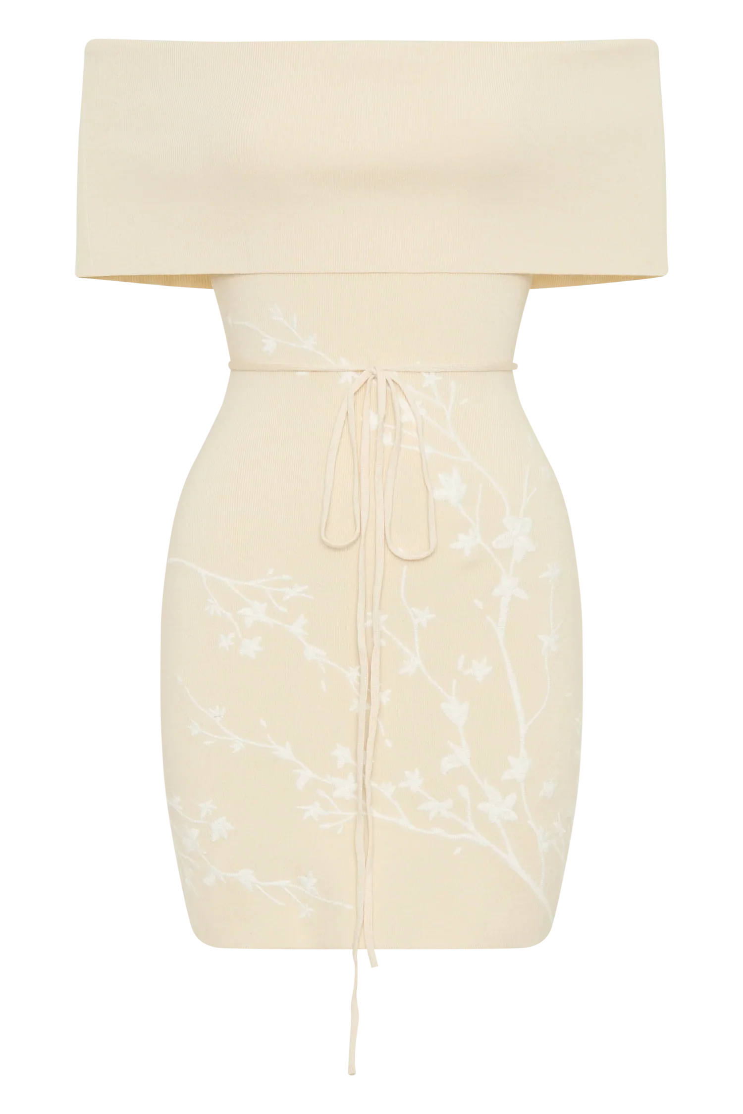 Mallory Off Shoulder Embroidered Knit Mini Dress - Cream And Ivory