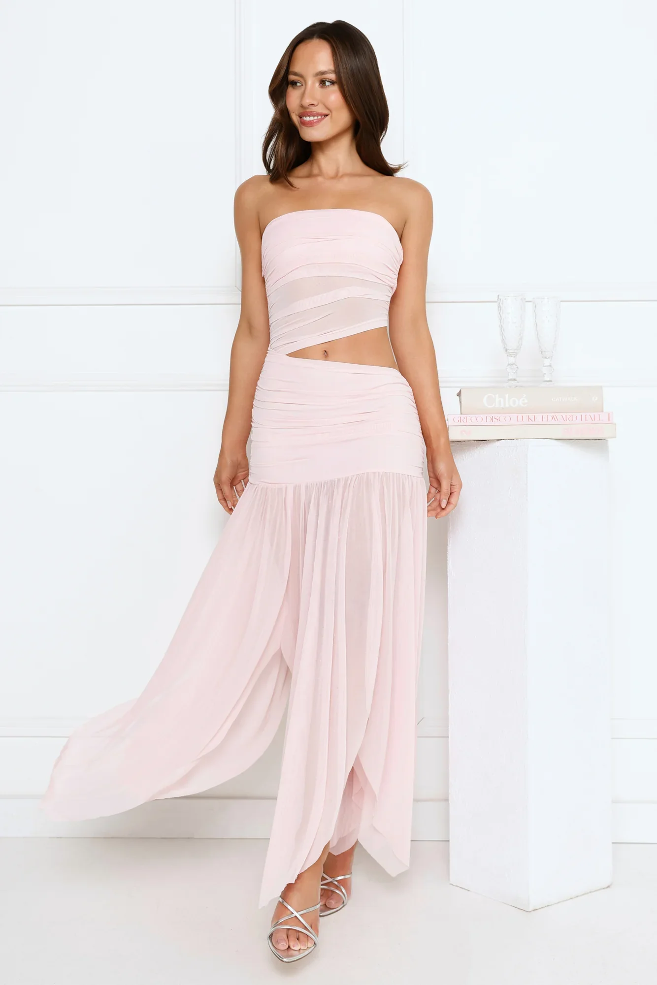 Haute Babe Strapless Mesh Maxi Dress Pink