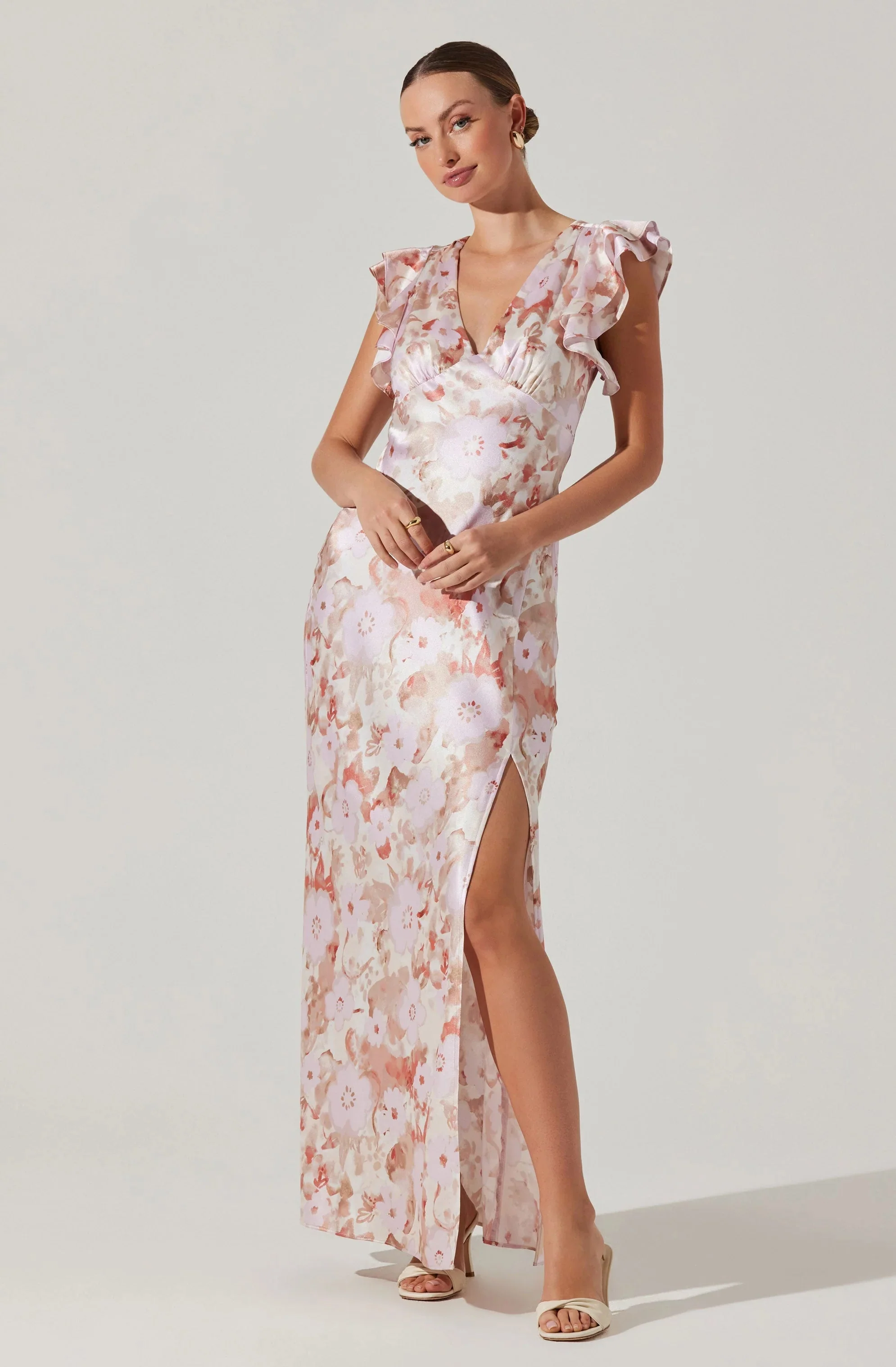 Satin Flutter Sleeve Maxi Dress