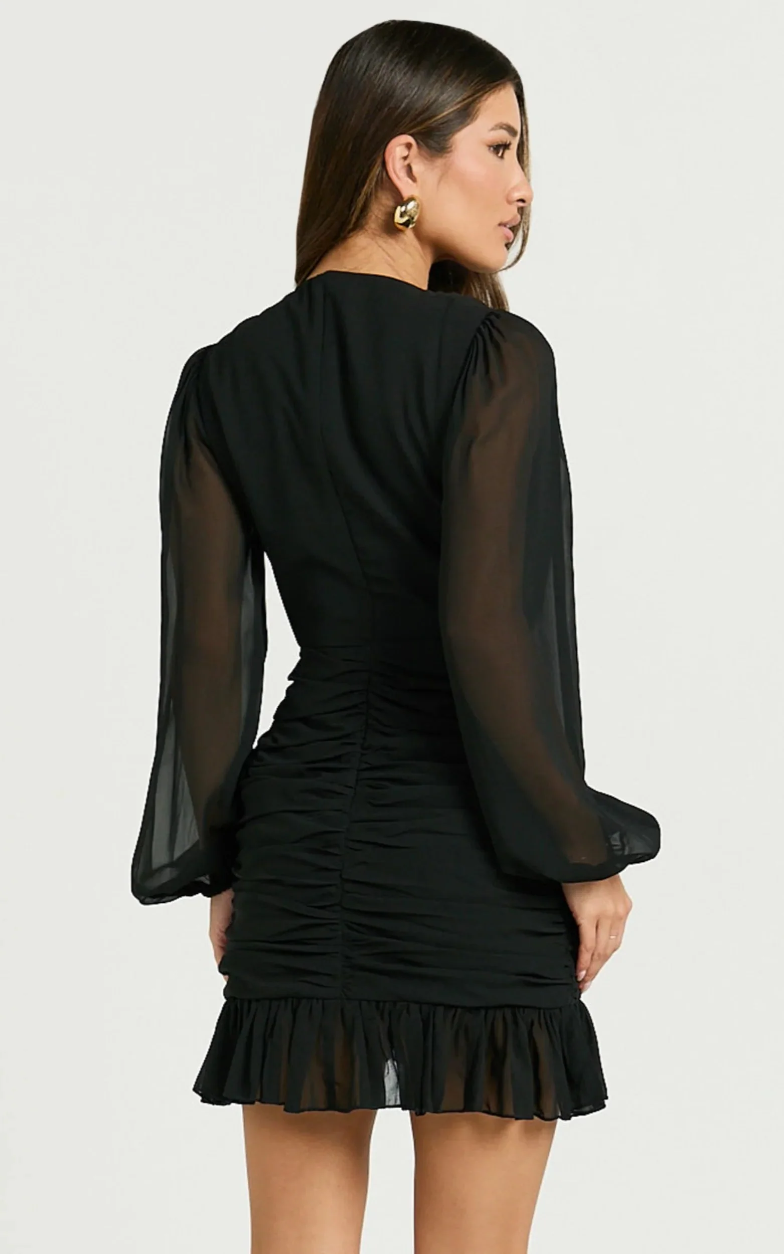 Can I Be Your Honey Mini Dress Plunge Balloon Sleeve Dress in Black