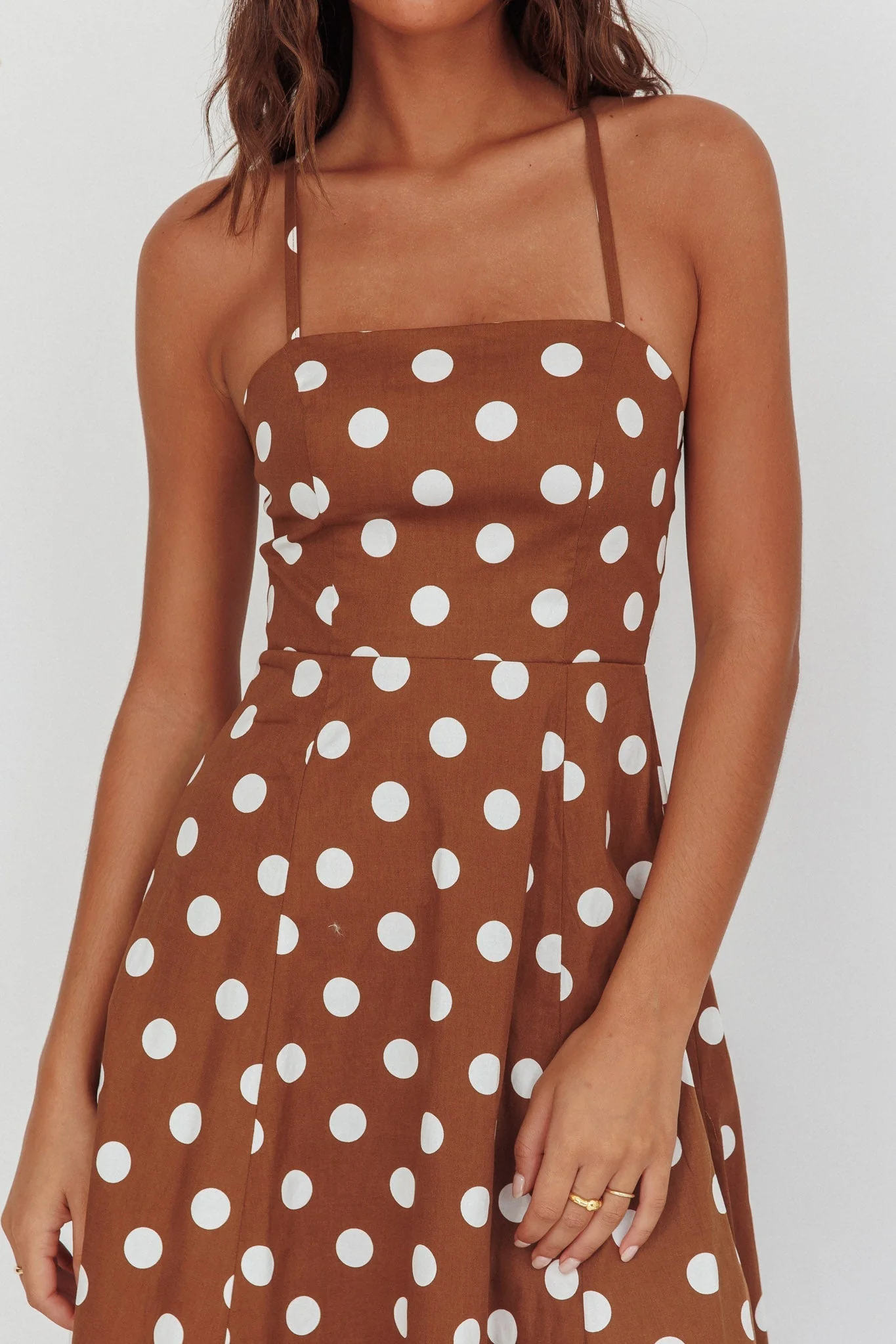 Second Glance Olga Criss-Cross Back Midi Dress Polka Dot Brown