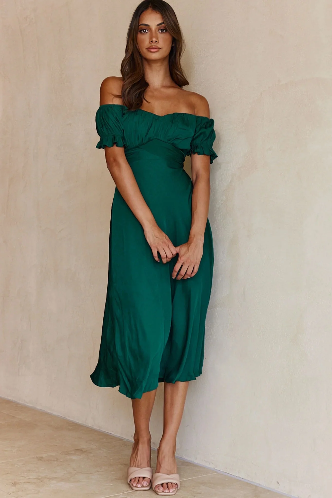 Linka Off-Shoulder Tie Back Midi Dress Forest Green