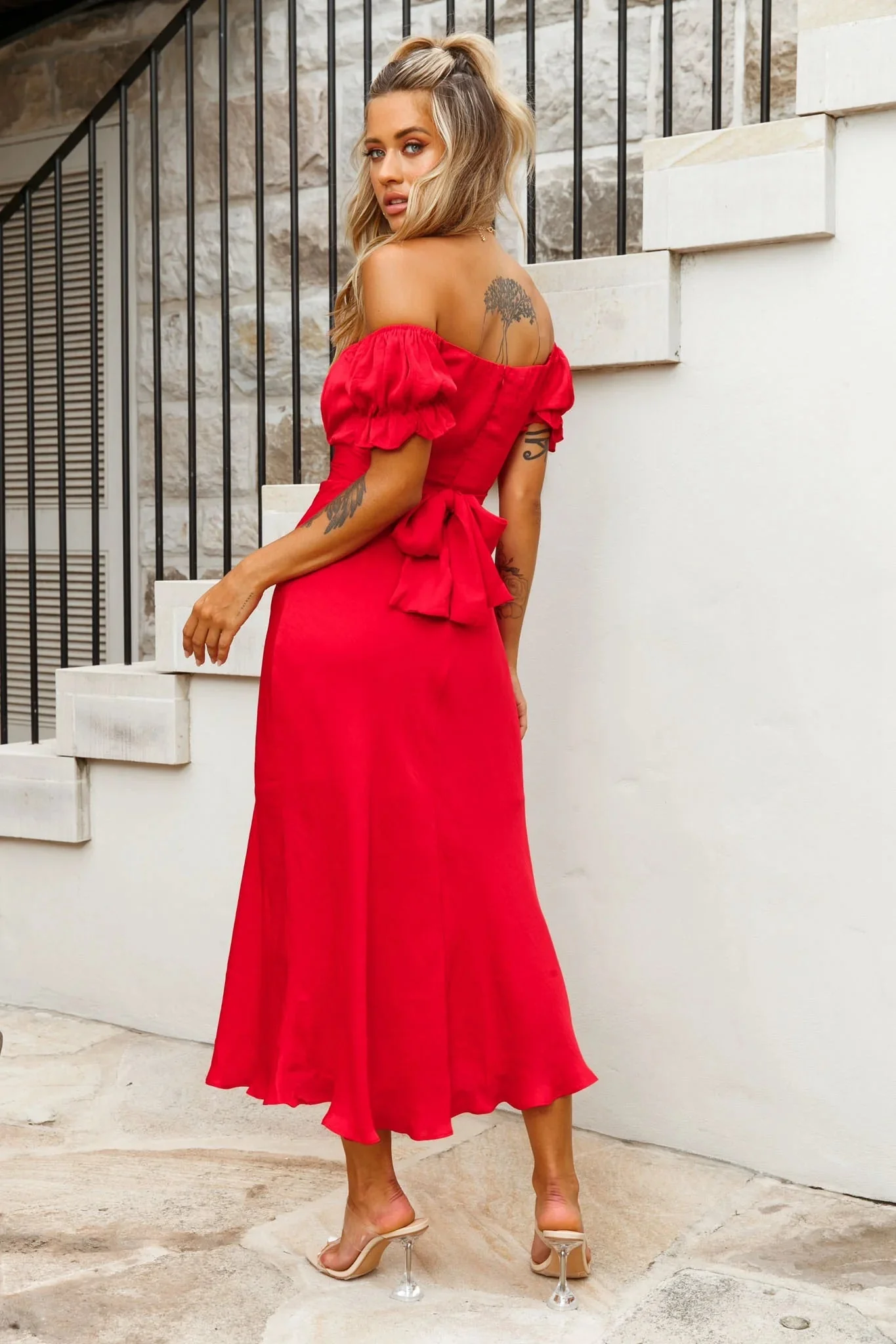 Linka Off-Shoulder Tie Back Midi Dress Red
