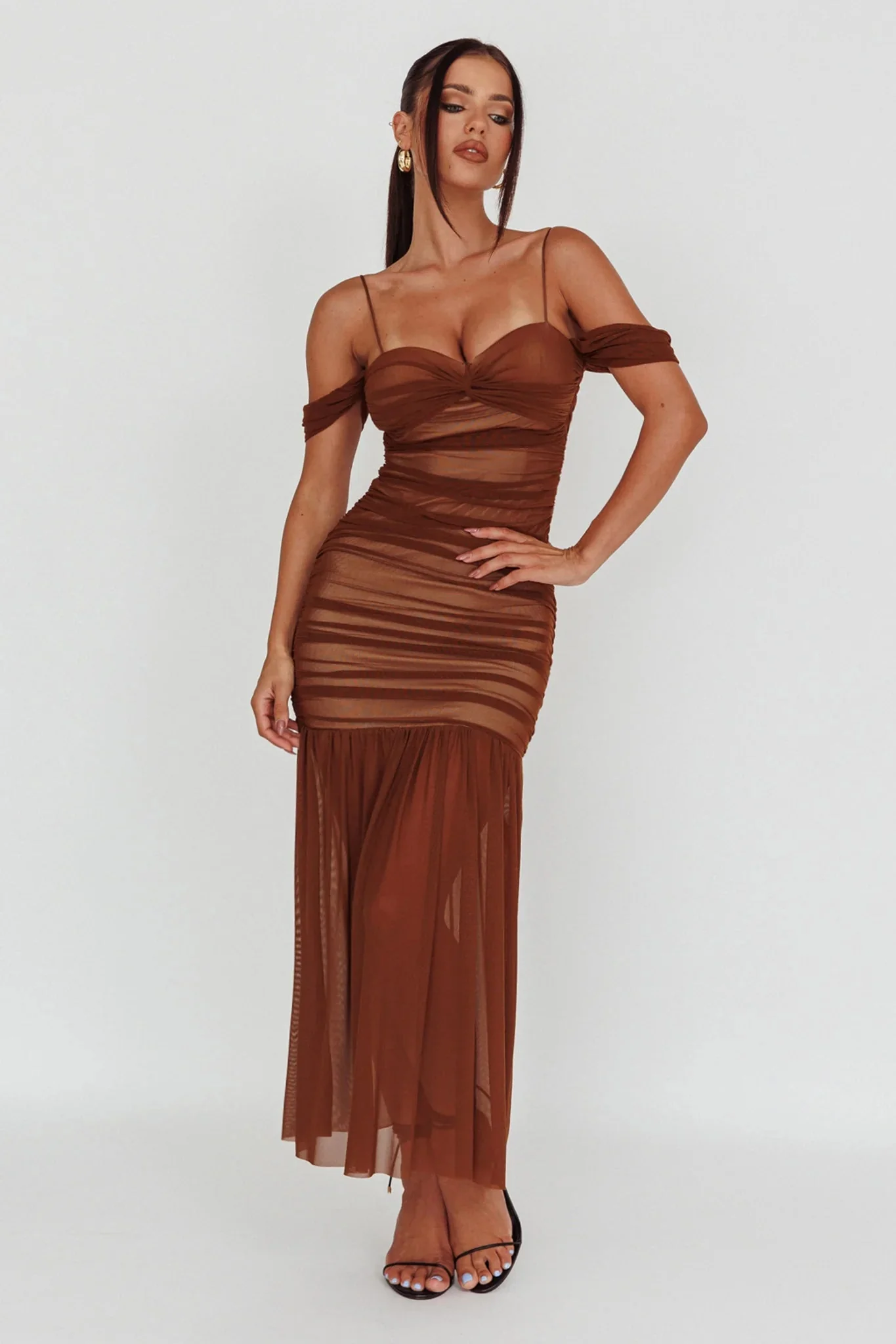 La Salle Ruched Mesh Maxi Dress Chocolate
