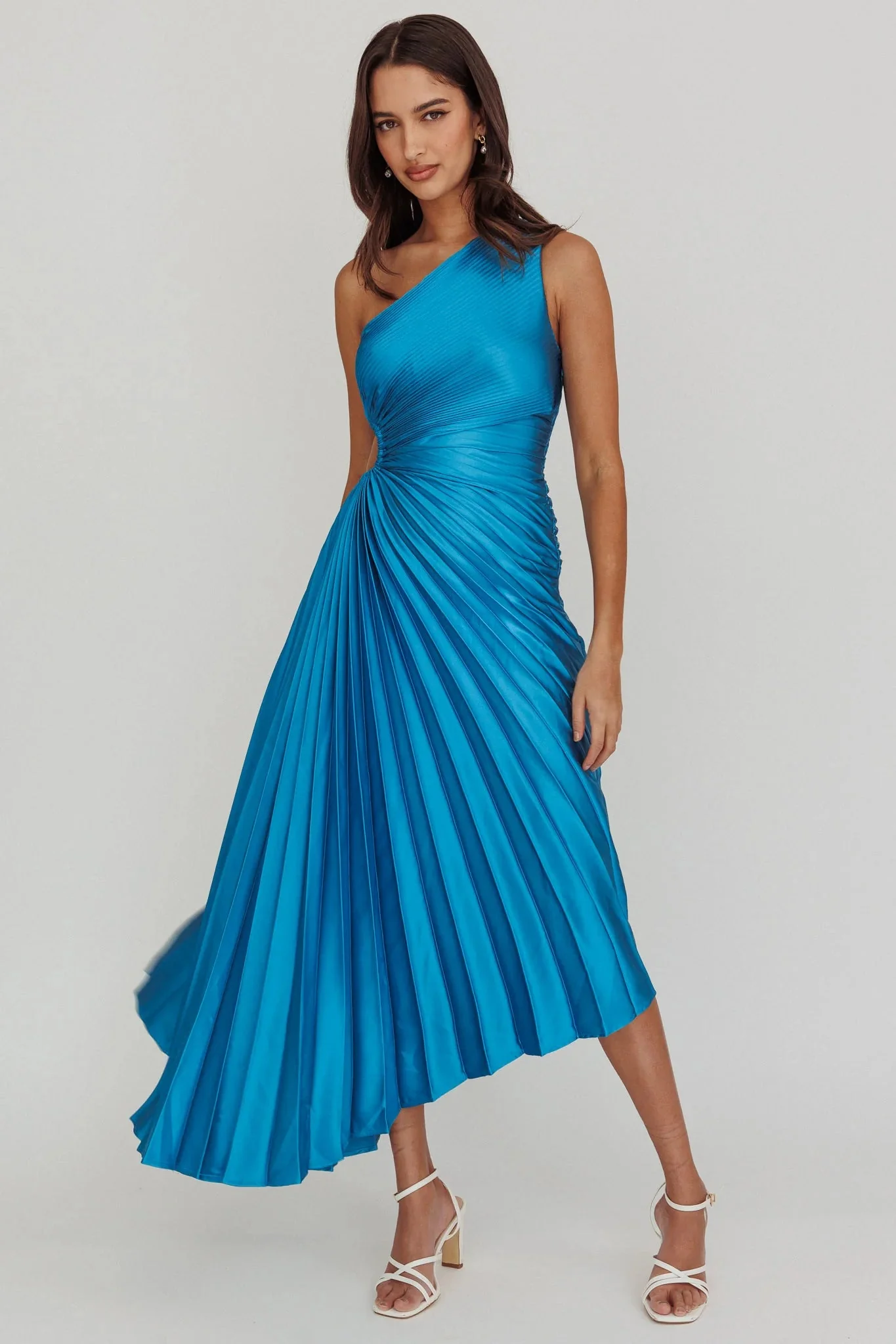 Brooklynn One-Shoulder Accordion Pleat Satin Midi Dress Teal