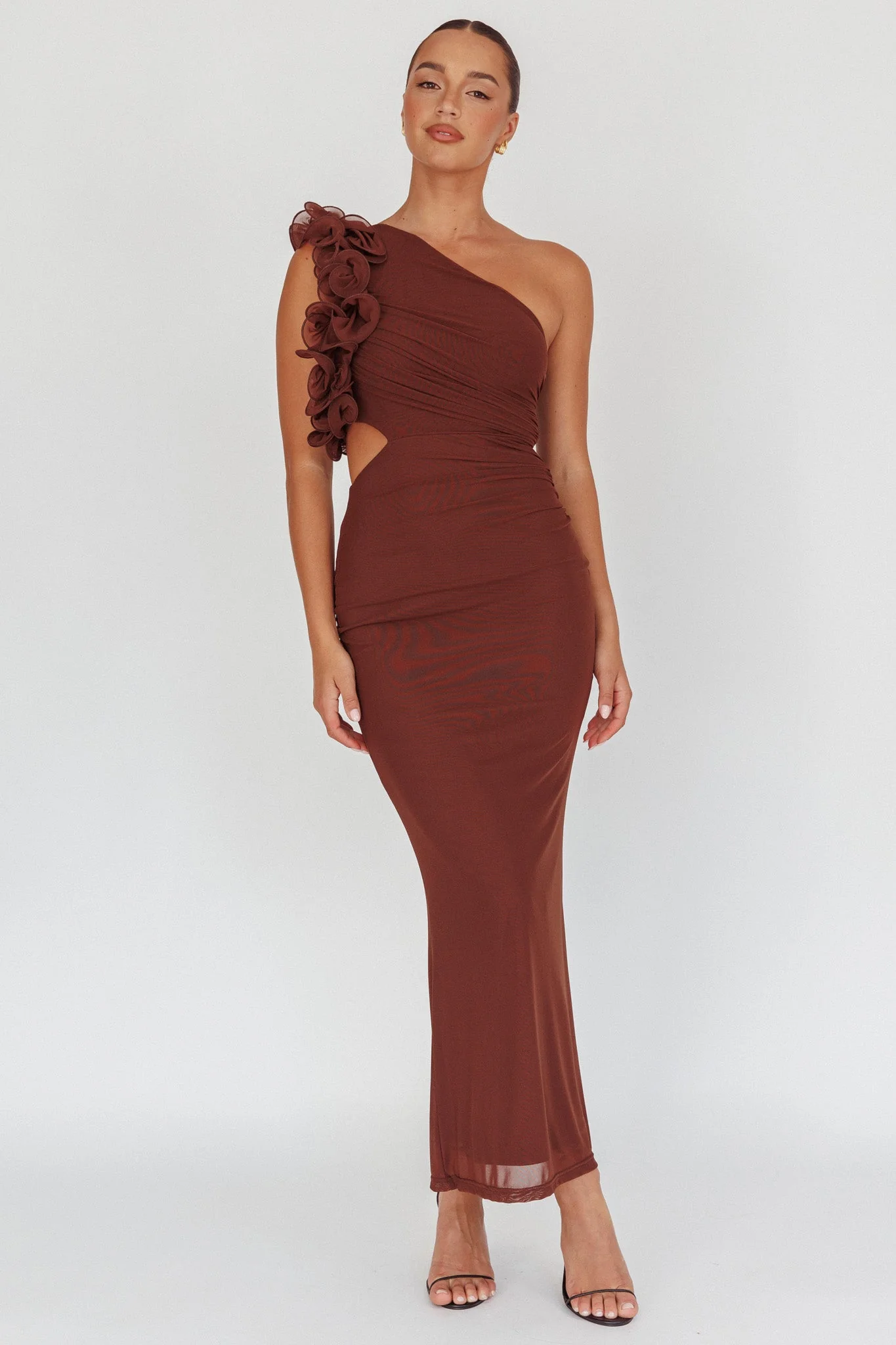 Deanna One-Shoulder Ruffle Maxi Dress Brown