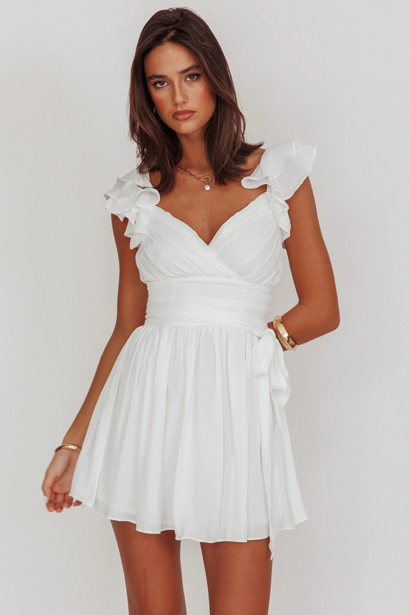 Lola Ruffle Shoulder Ruched Dress White