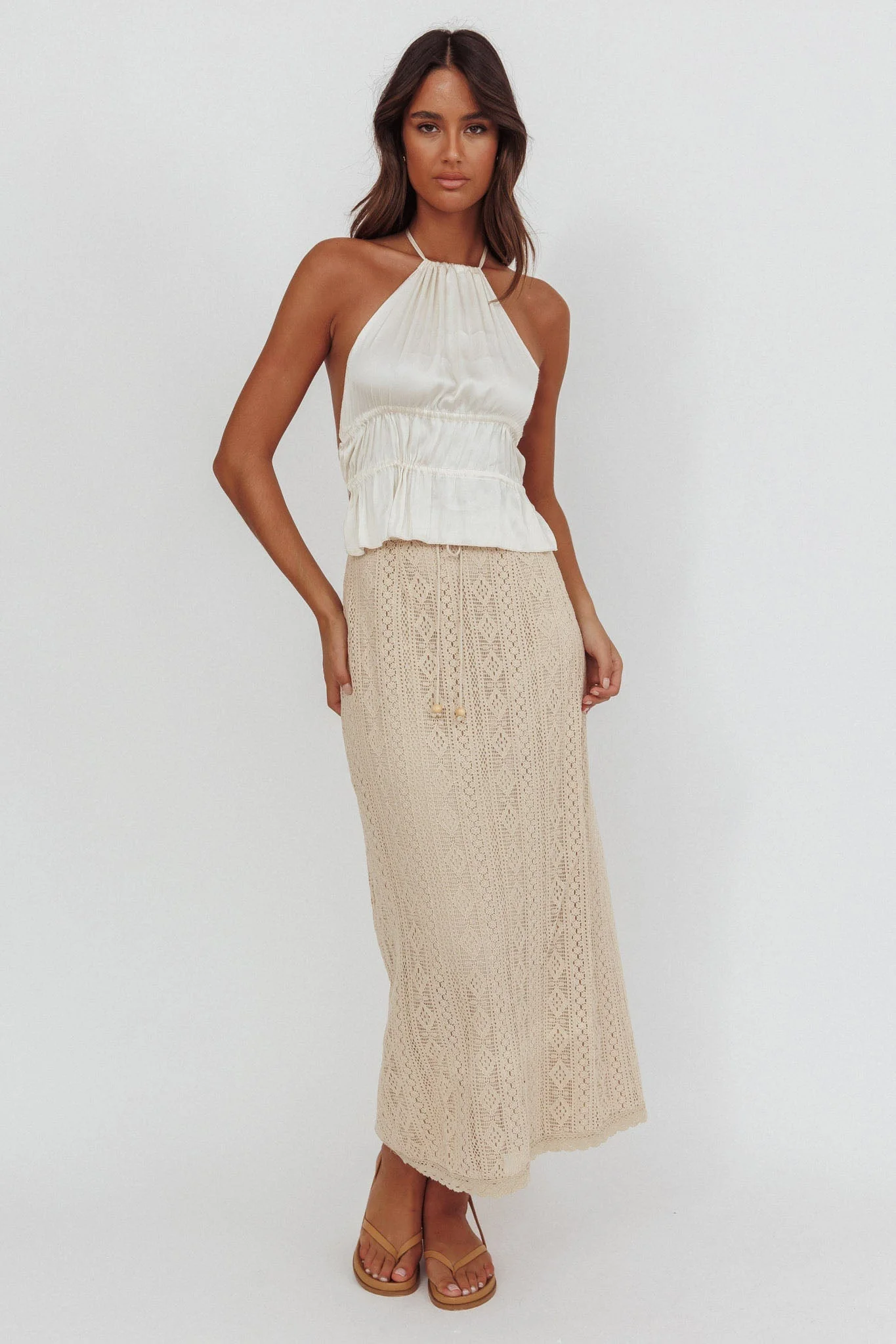 Days Away Crochet Lace Maxi Skirt Sand