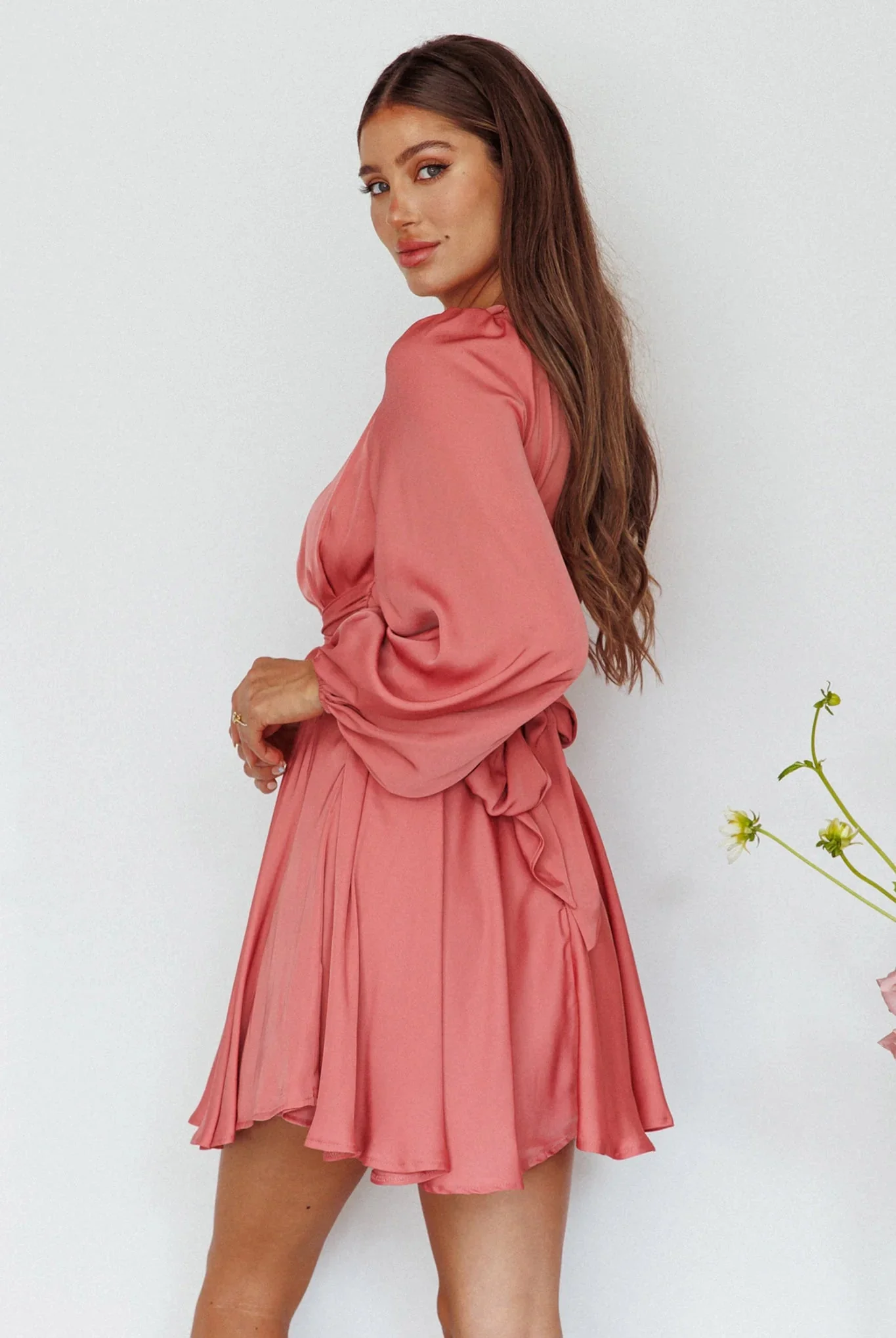Leia Long Sleeve Waist Tie Mini Dress Rose