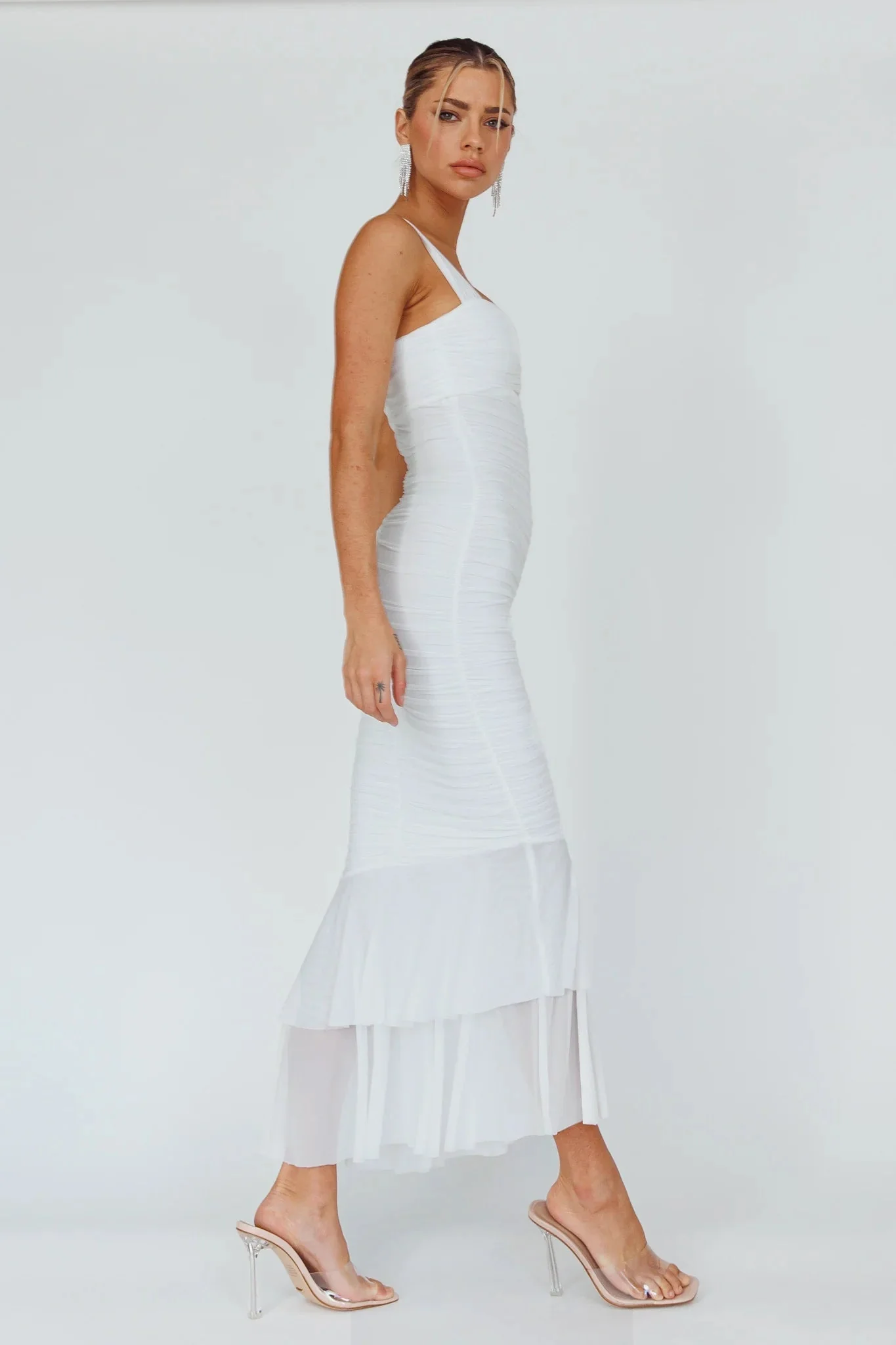 Nadia Ruched Fishtail Maxi Dress White
