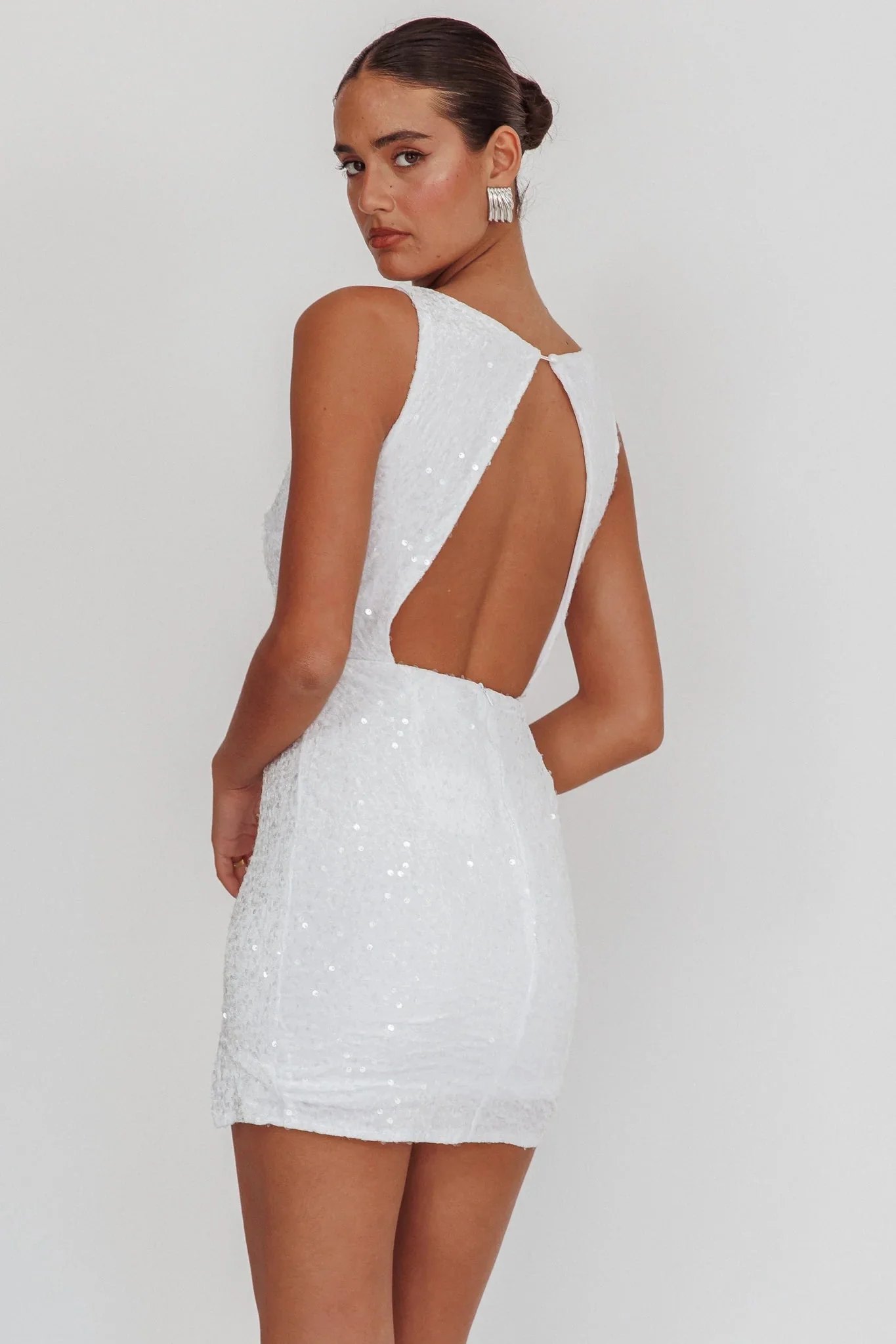 Bedazzle Keyhole Back Sequin Mini Dress White