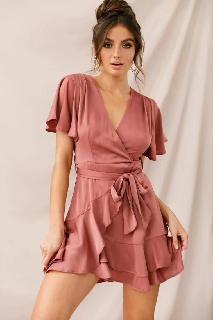 Cami Angel Sleeve Faux Wrap Dress Rose